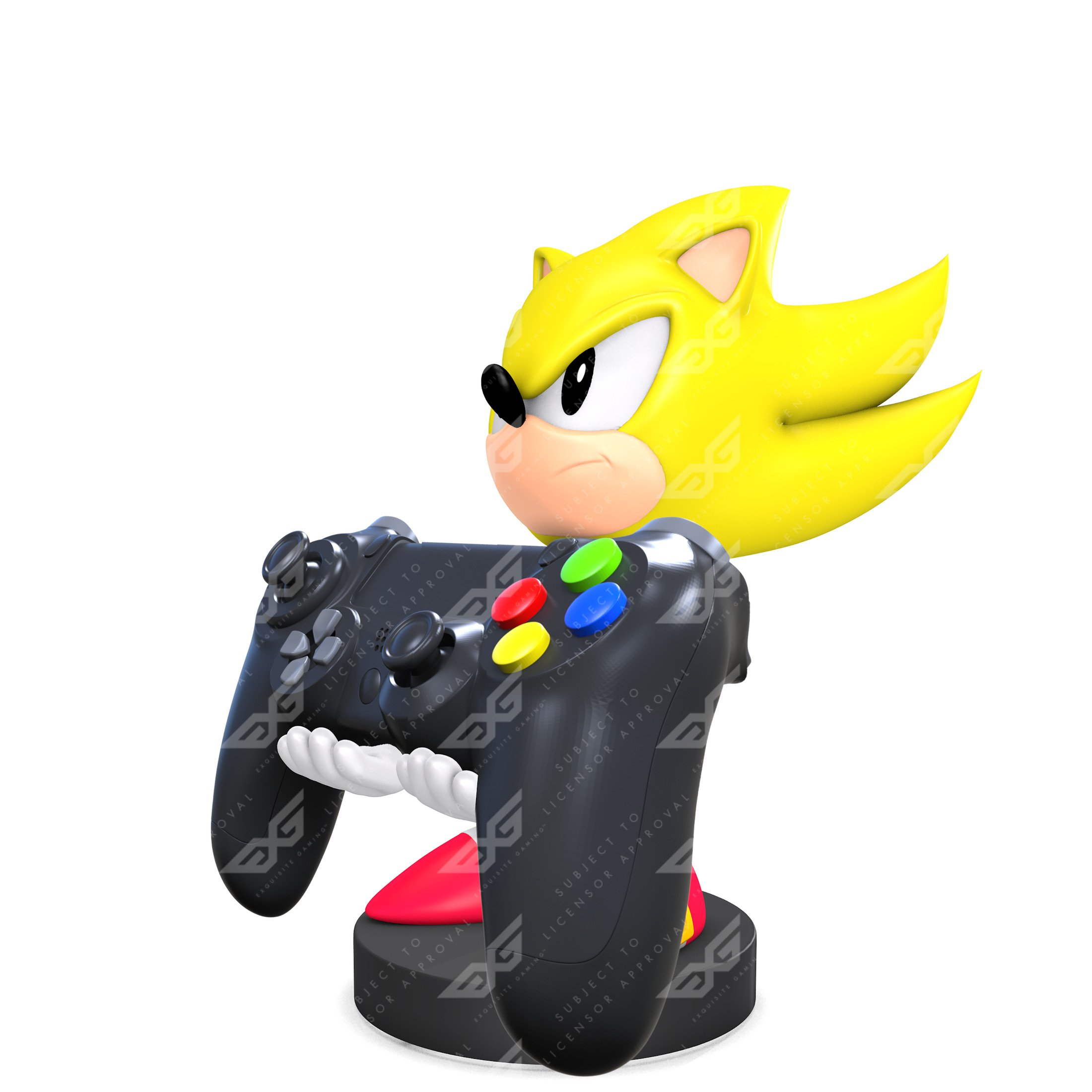 Figura di Super Sonic che tiene un controller di gioco nero. Il controller ha pulsanti colorati.