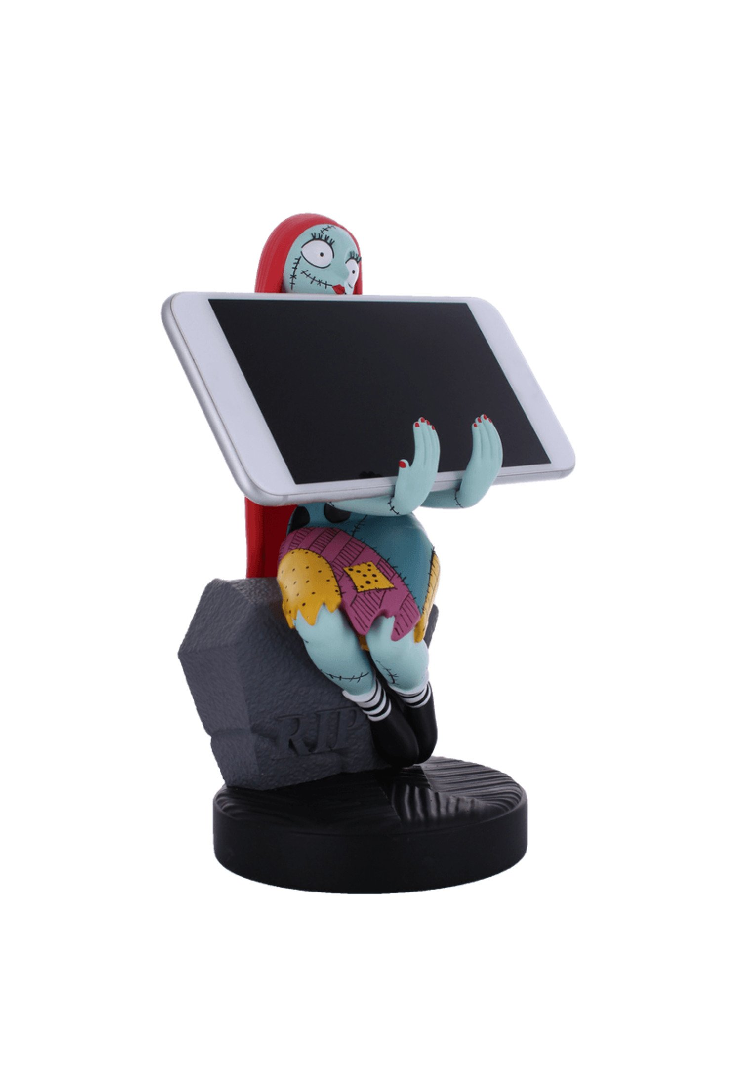 Figurka Sally trzymająca biały tablet na czarnej podstawie.