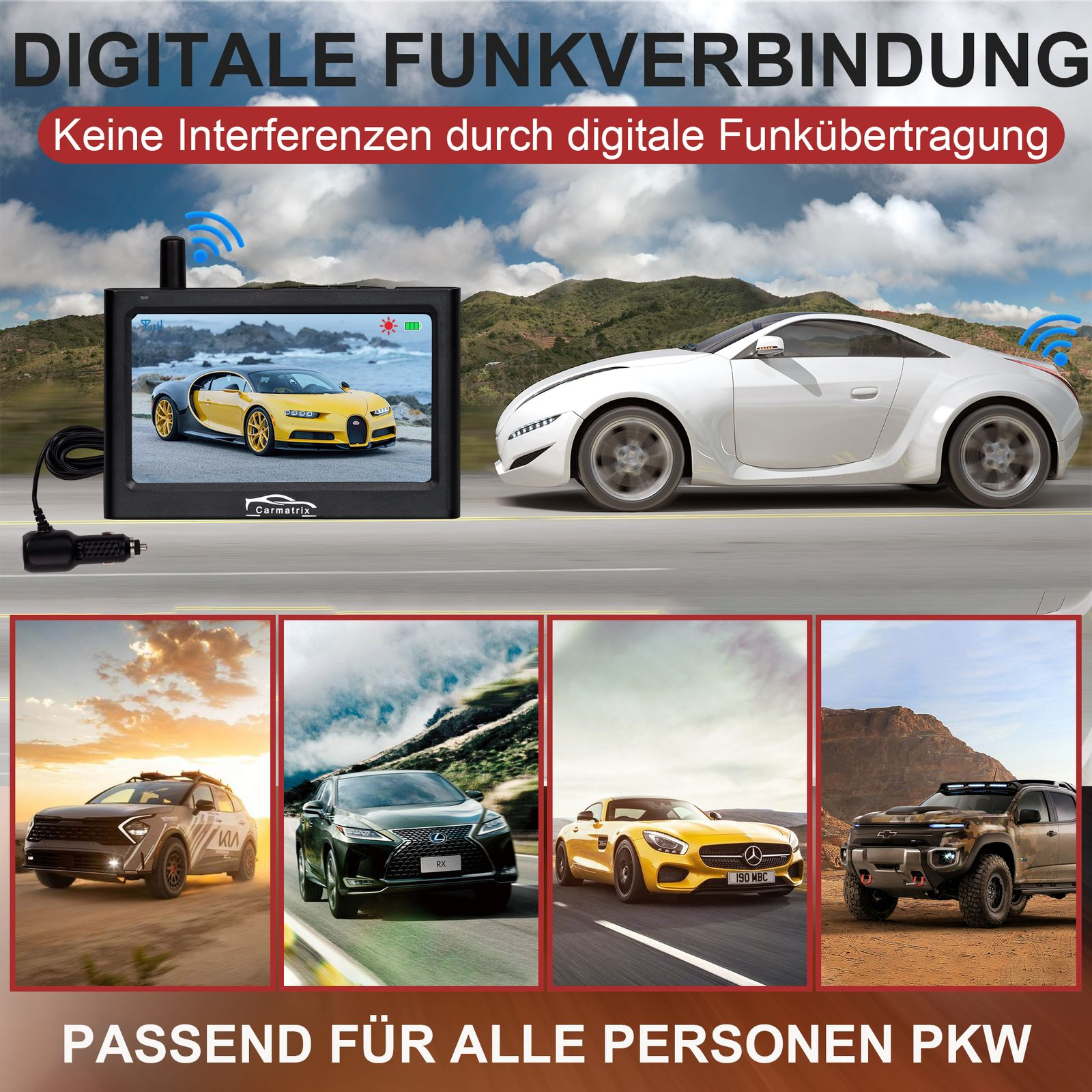 Bildschirm mit Autobildern. Vier Autobilder unten, darunter ein gelbes und ein weißes Auto. Text oben.