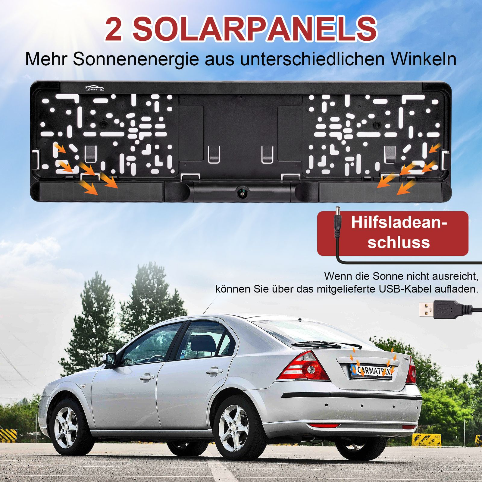 Auto mit Kennzeichenhalter mit Solarpanelen und USB-Ladeanschluss.