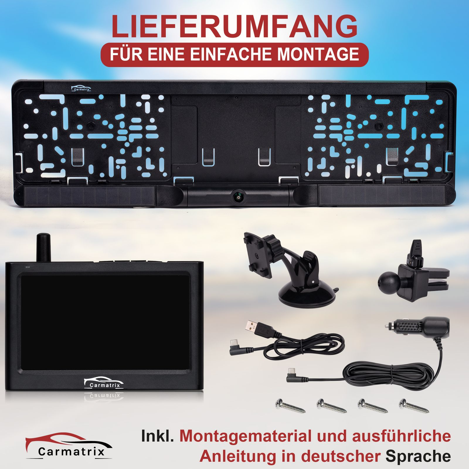 Ein Bild eines Kfz-Kennzeichenrahmens mit Montagezubehör, einschließlich Monitor und Kabeln.