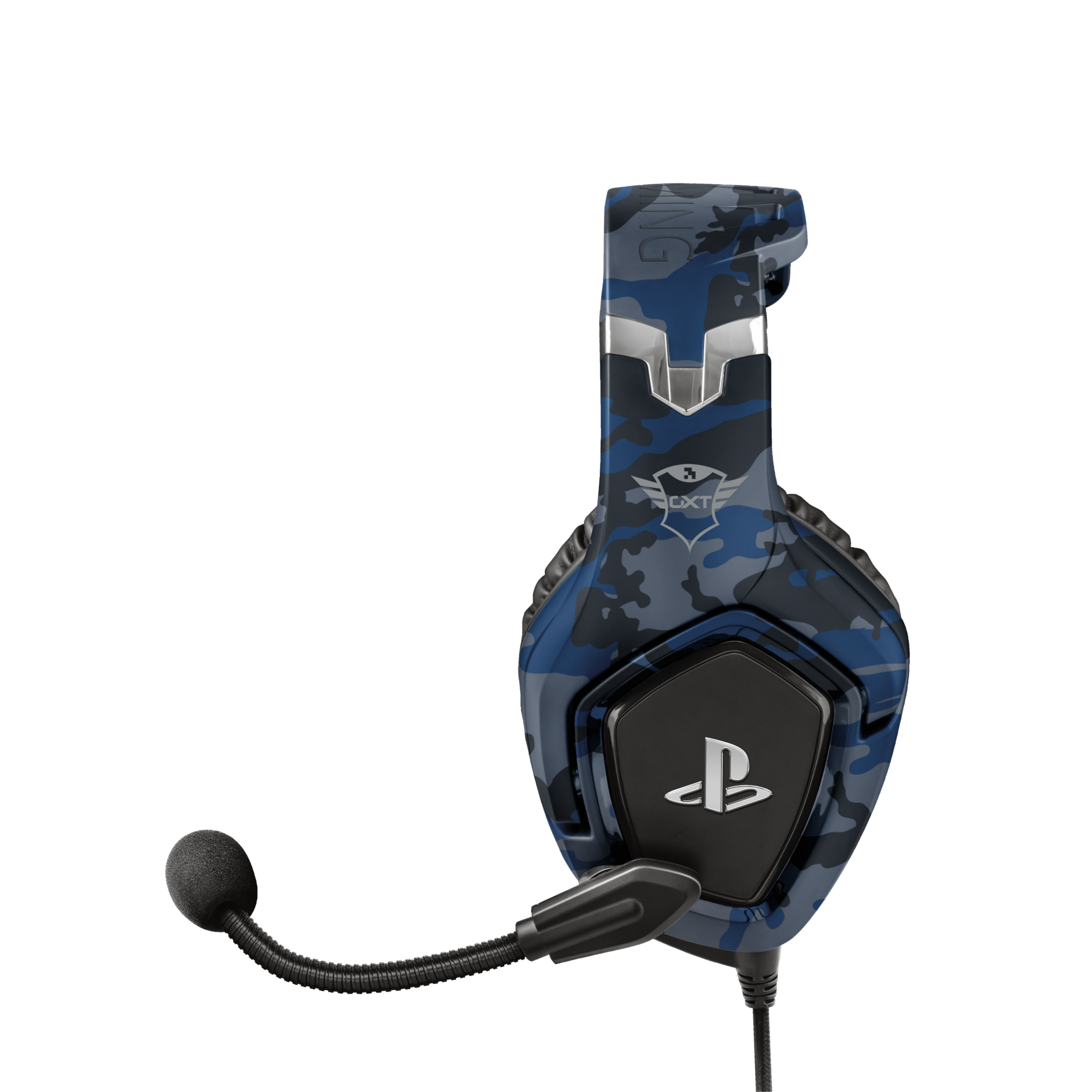 Niebieski kamuflażowy zestaw słuchawkowy z mikrofonem i logo PlayStation na czarnym tle.