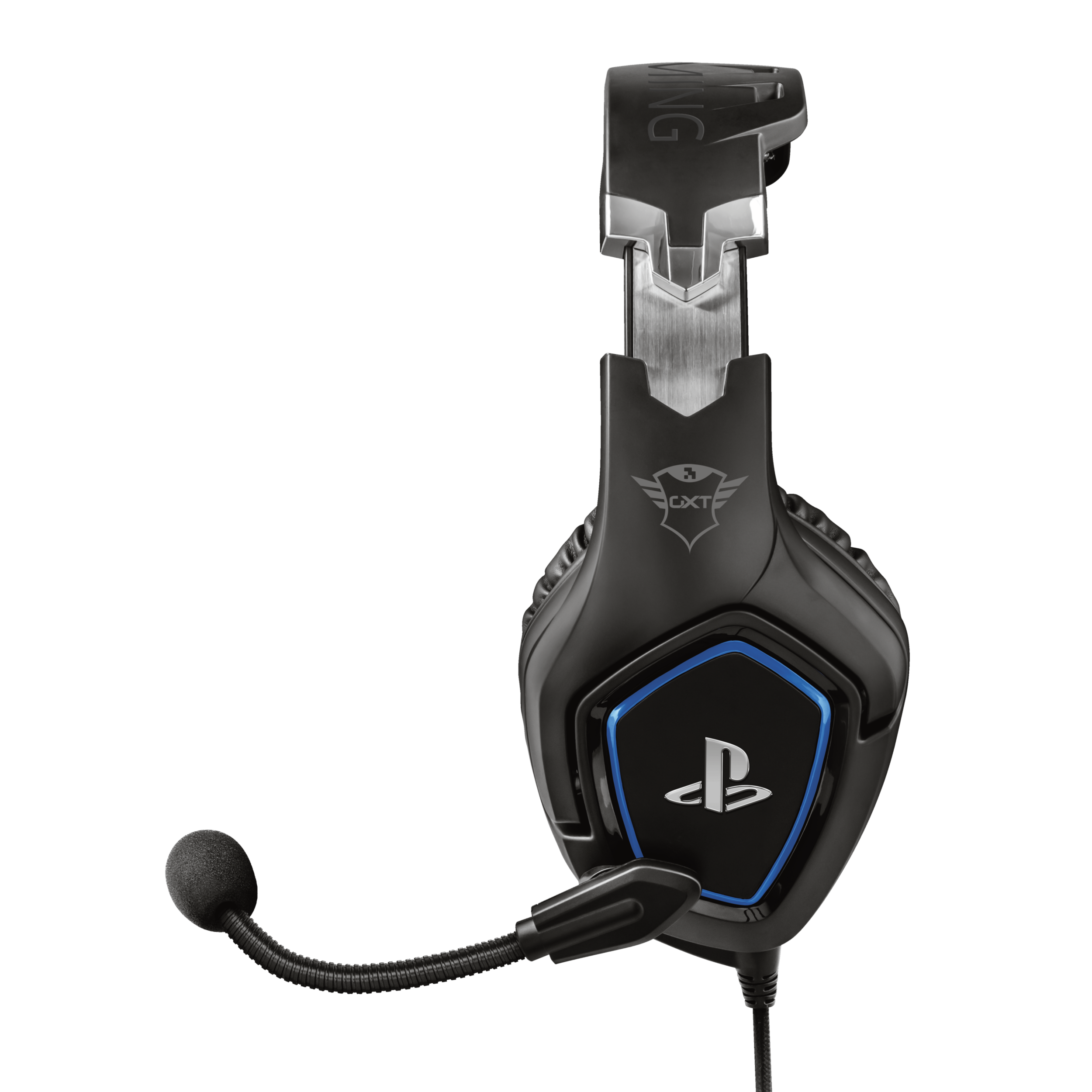 Czarne słuchawki dla graczy z mikrofonem. Mają niebieski akcent i logo PlayStation.