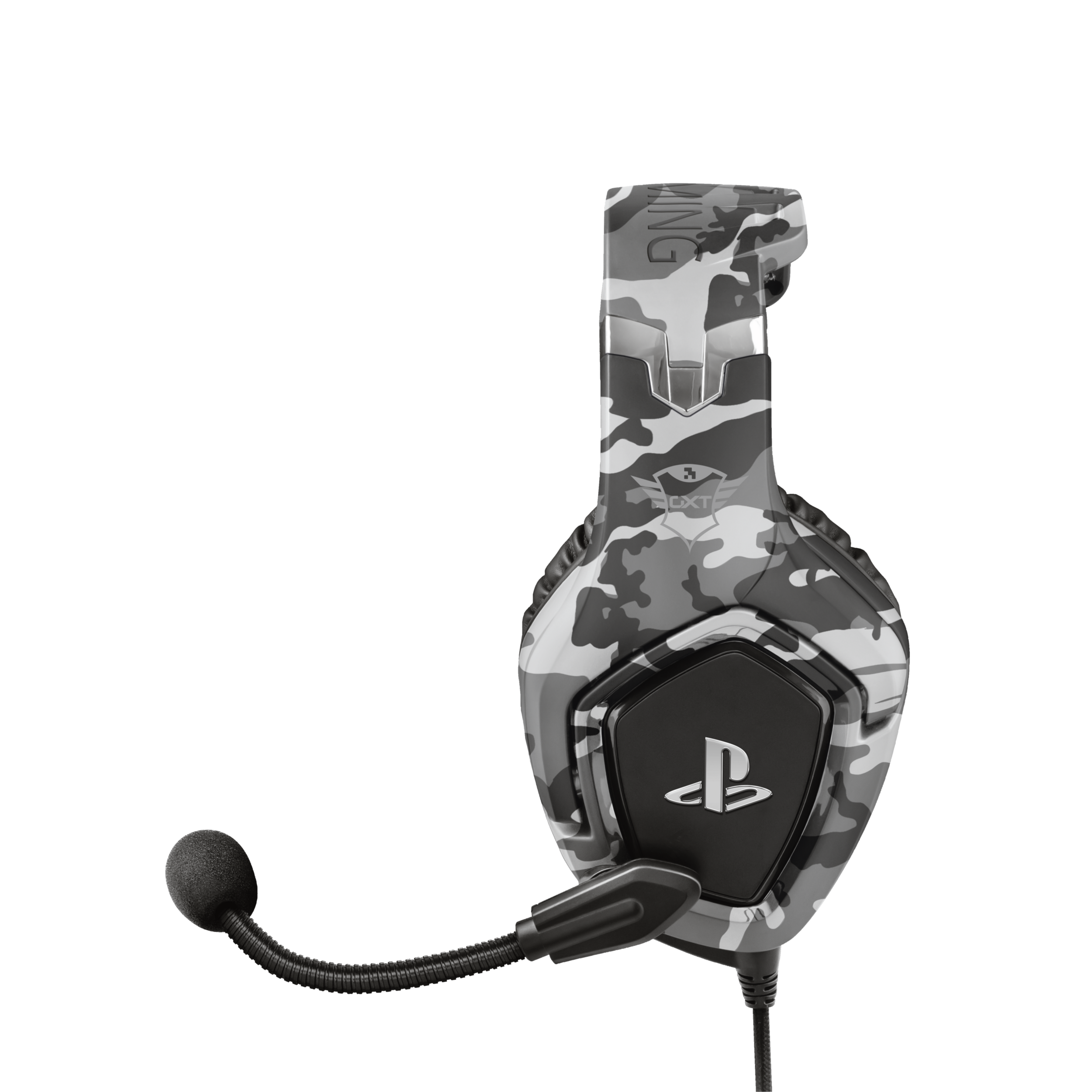 Zestaw słuchawkowy w kamuflażu z mikrofonem. Zestaw słuchawkowy ma czarne logo Playstation.