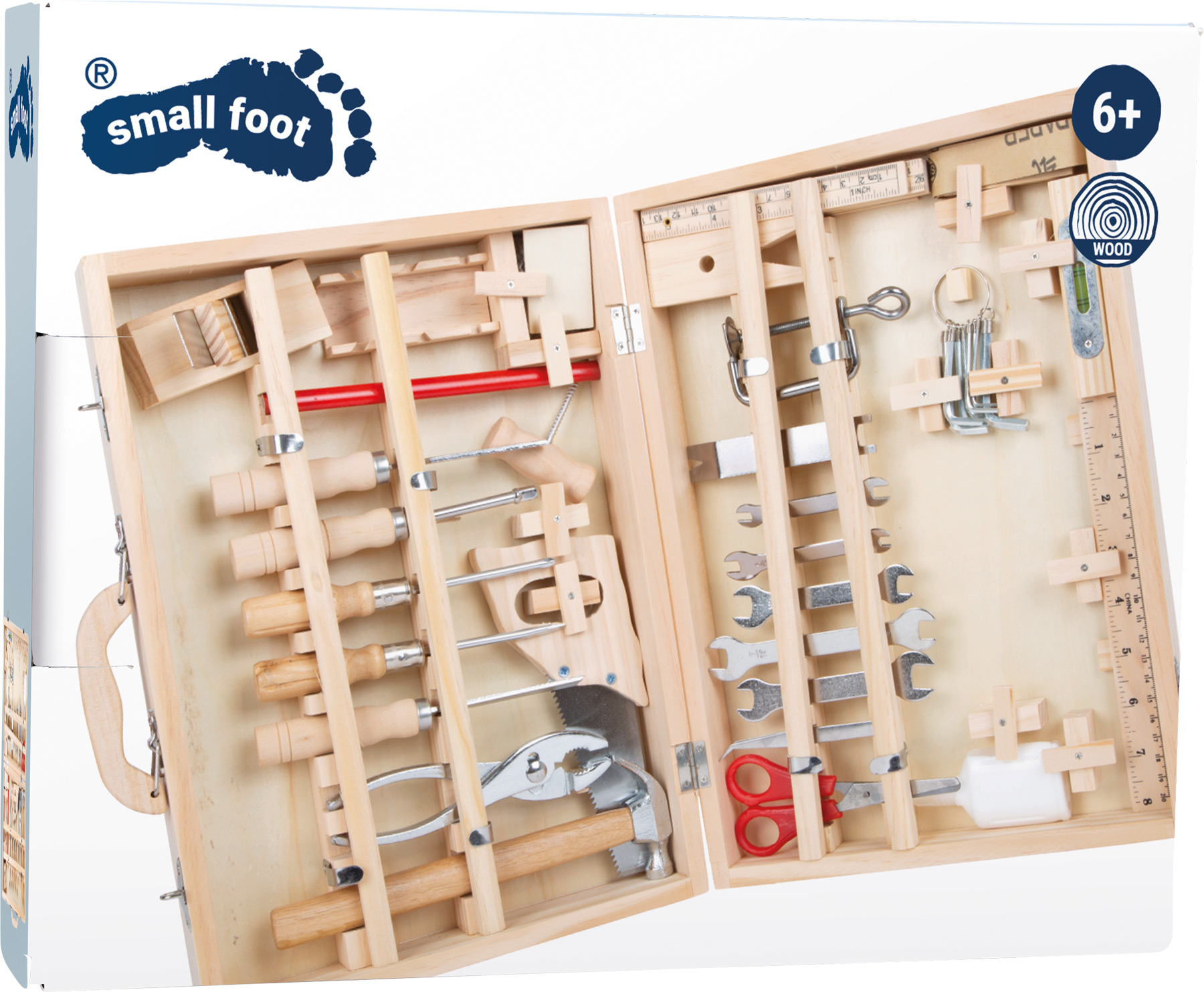 Holzwerkzeugkasten mit Werkzeugen, darunter Hämmer, Zangen und Schraubenzieher.