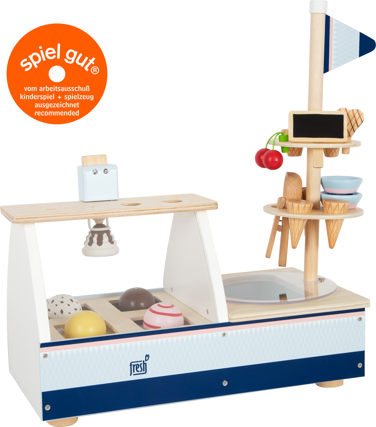 Ein Eisstand aus Holzspielzeug mit Waffeln, Eiskugeln und dekorativen Elementen.