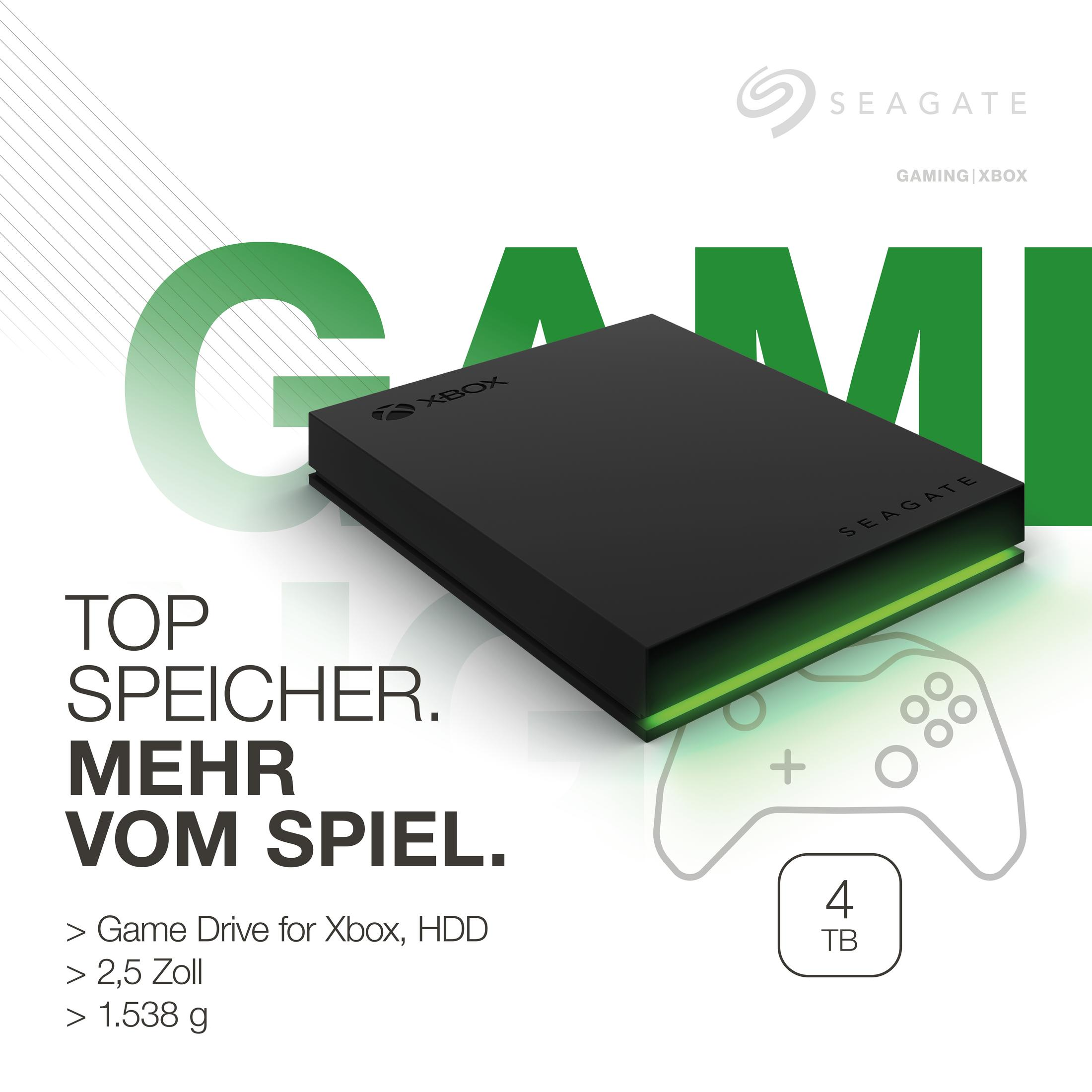 Czarny dysk Seagate Xbox Game Drive z tekstem i grafiką kontrolera na białym tle.