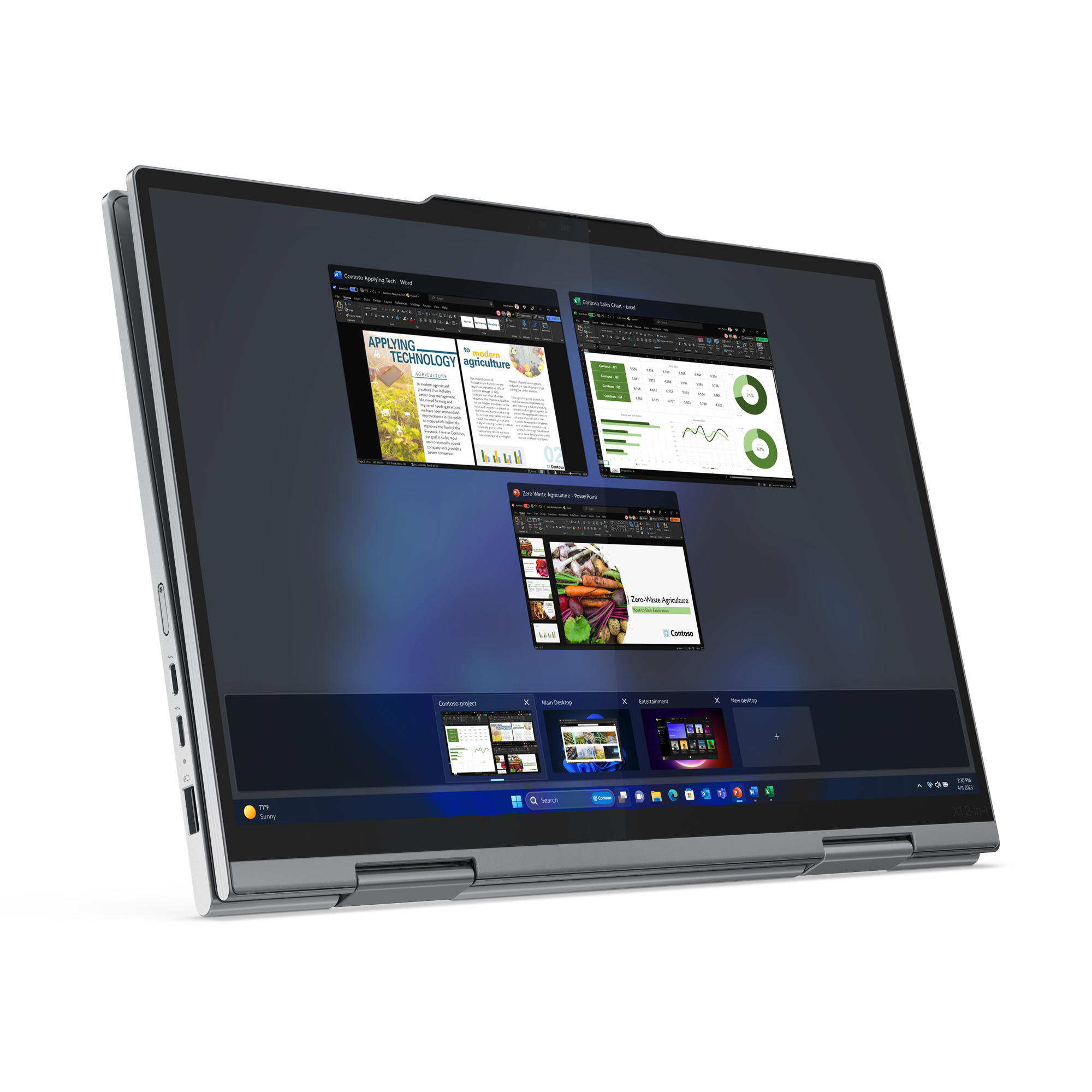 Laptop z wieloma otwartymi oknami. Ekran wyświetla dokumenty, wykresy i pasek zadań.