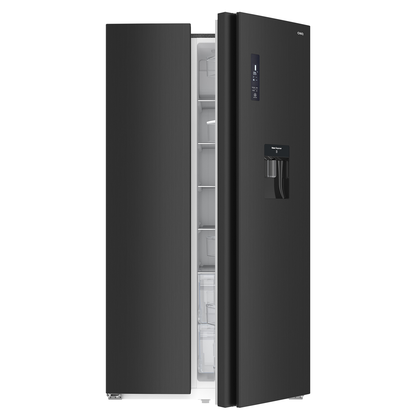 Black side-by-side refrigerator with open doors. Shows interior storage. White background.