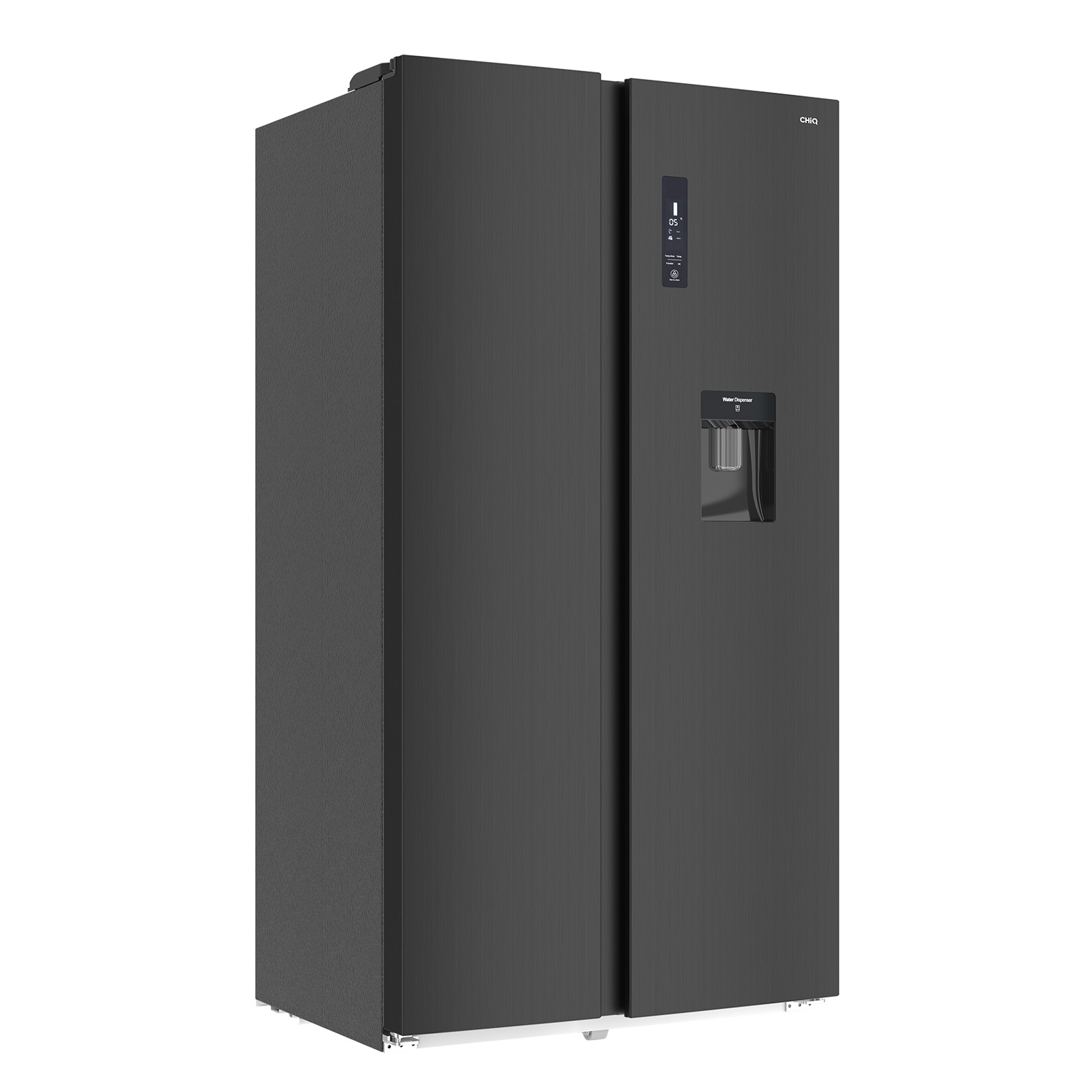 A dark grey side-by-side refrigerator. It has a water dispenser and a display panel. White background.