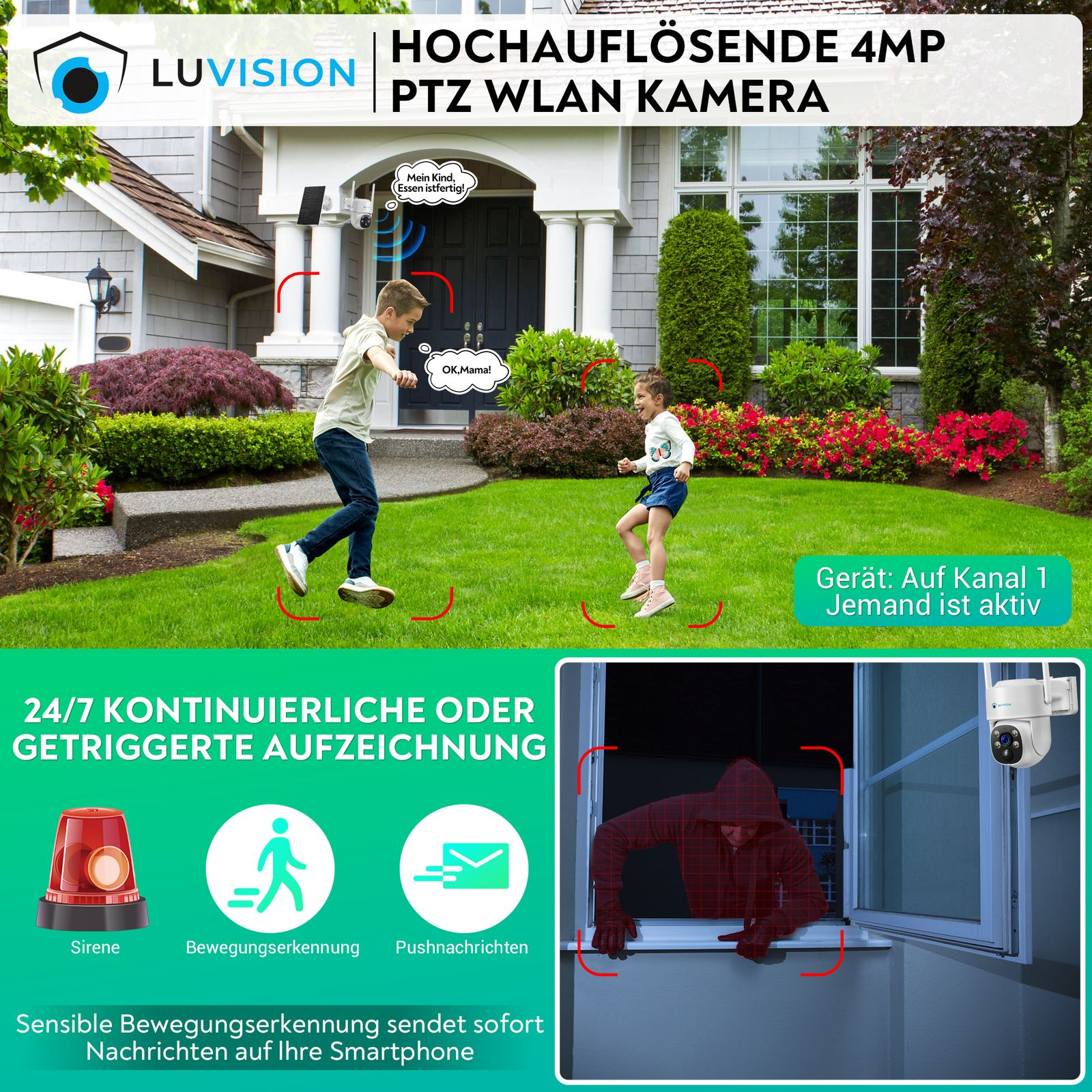 Ein Heimsicherheitssystem mit Kamera und Bildschirm mit Haus, zwei Kindern und einem Dieb.