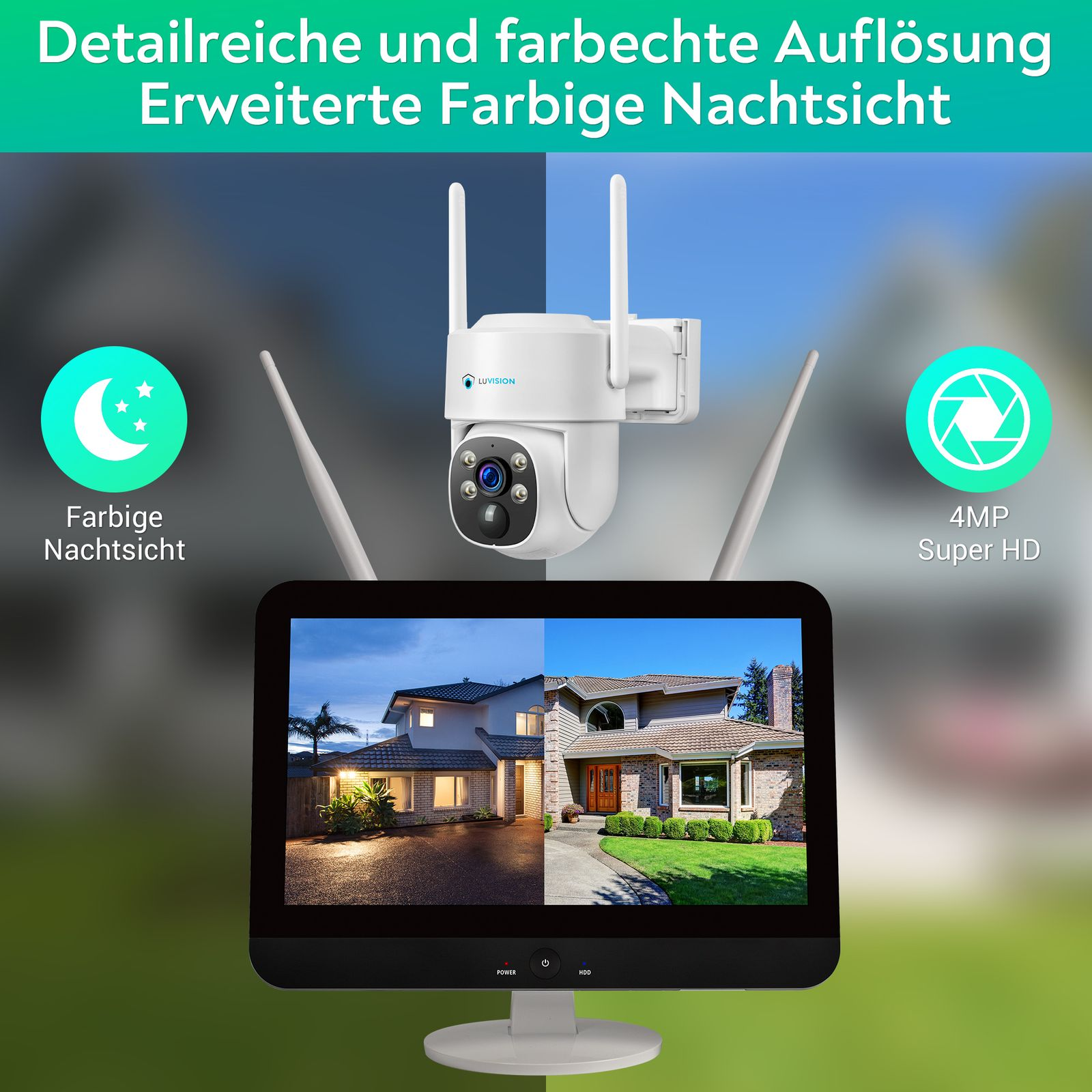 Überwachungskamera mit Bildschirm, der ein Haus zeigt, mit Nachtsicht-Symbolen.