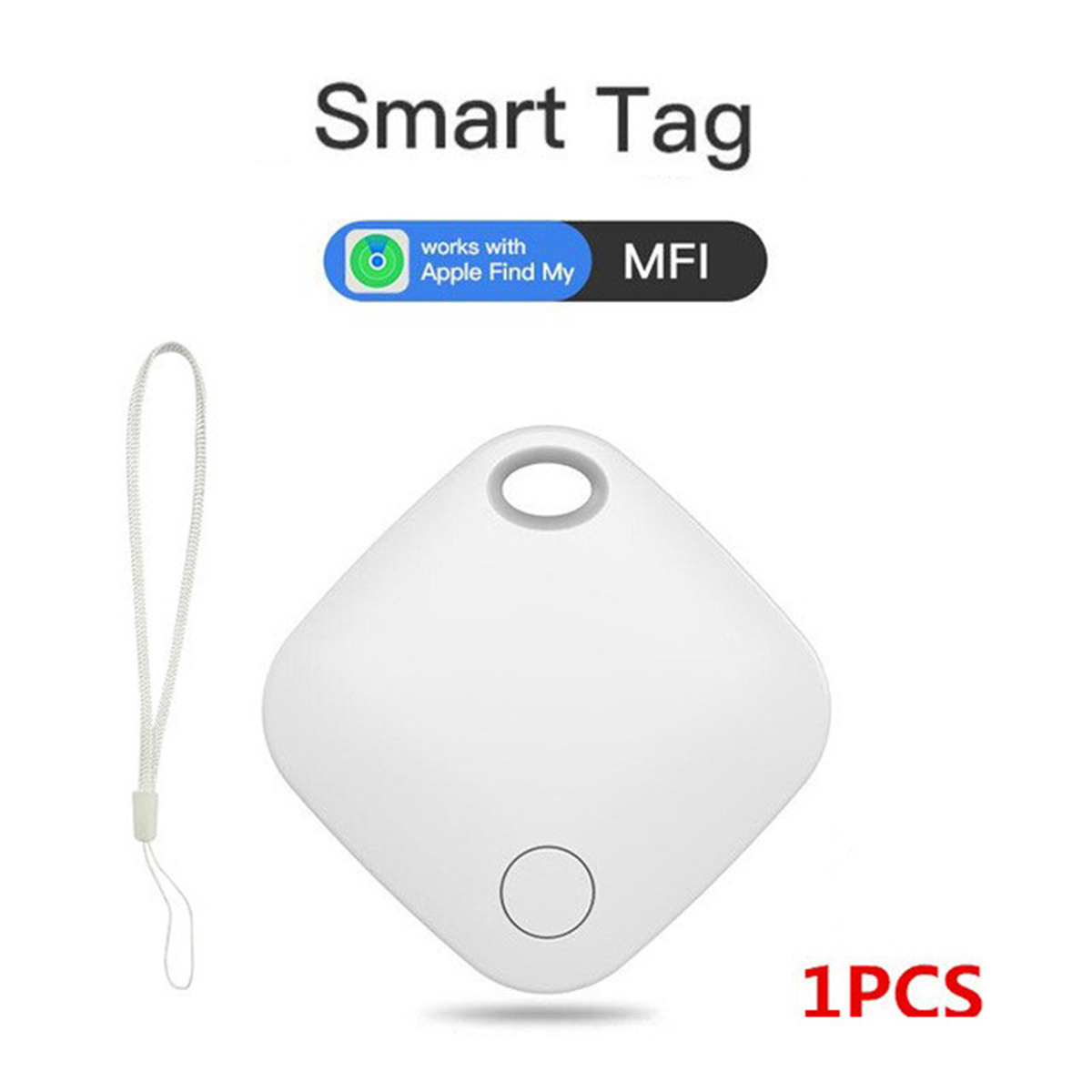 Weißes Smart Tag mit Lanyard und Apple Find My Logo und MFI-Label.