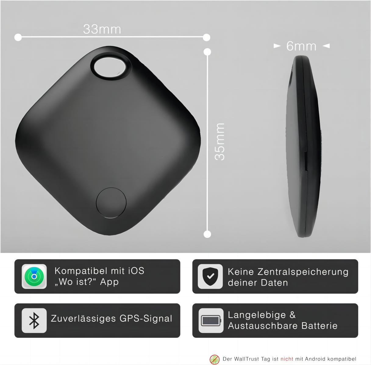 Schwarzer quadratischer Tracker mit Maßen und Symbolen. Text über iOS-Kompatibilität, GPS und Akku.
