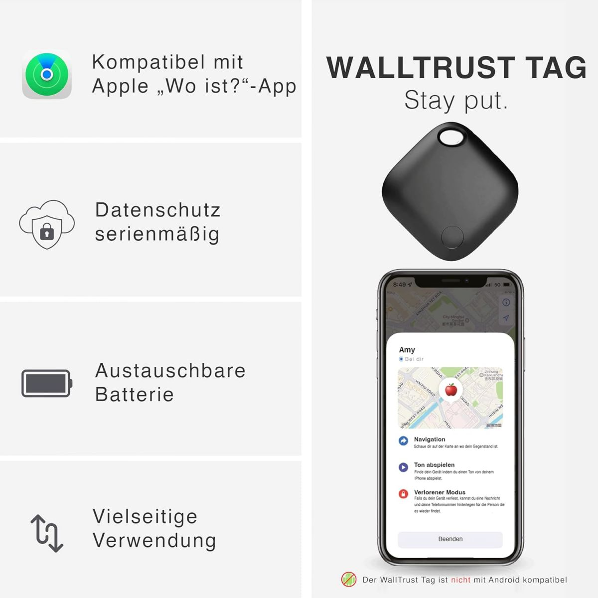 Ein schwarzes Walltrust-Tag mit einem Smartphone, das eine Karte und Informationen zum Tag zeigt.