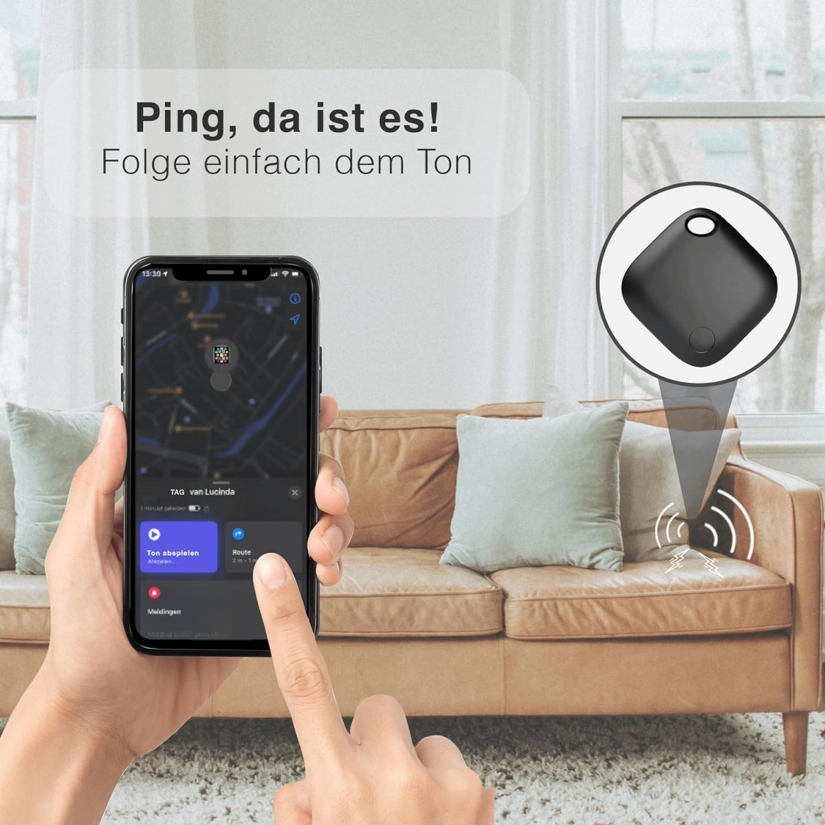 Eine Hand zeigt auf ein Telefon. Ein Smart-Tag wird angezeigt. Der Text lautet: „Ping, da ist es!“