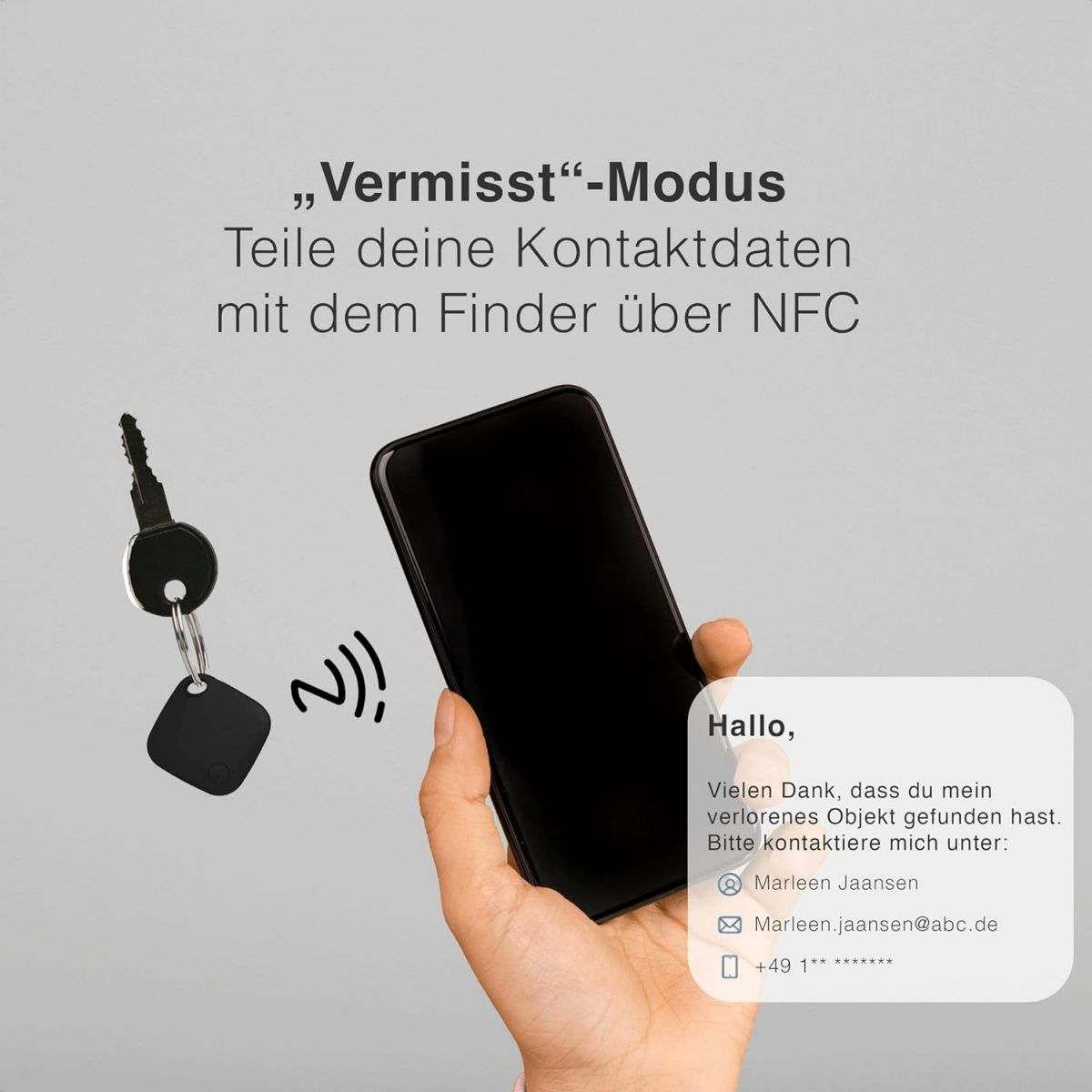 Ein schwarzer Tracker mit einem Schlüssel und einem Telefon, das Kontaktdaten anzeigt.