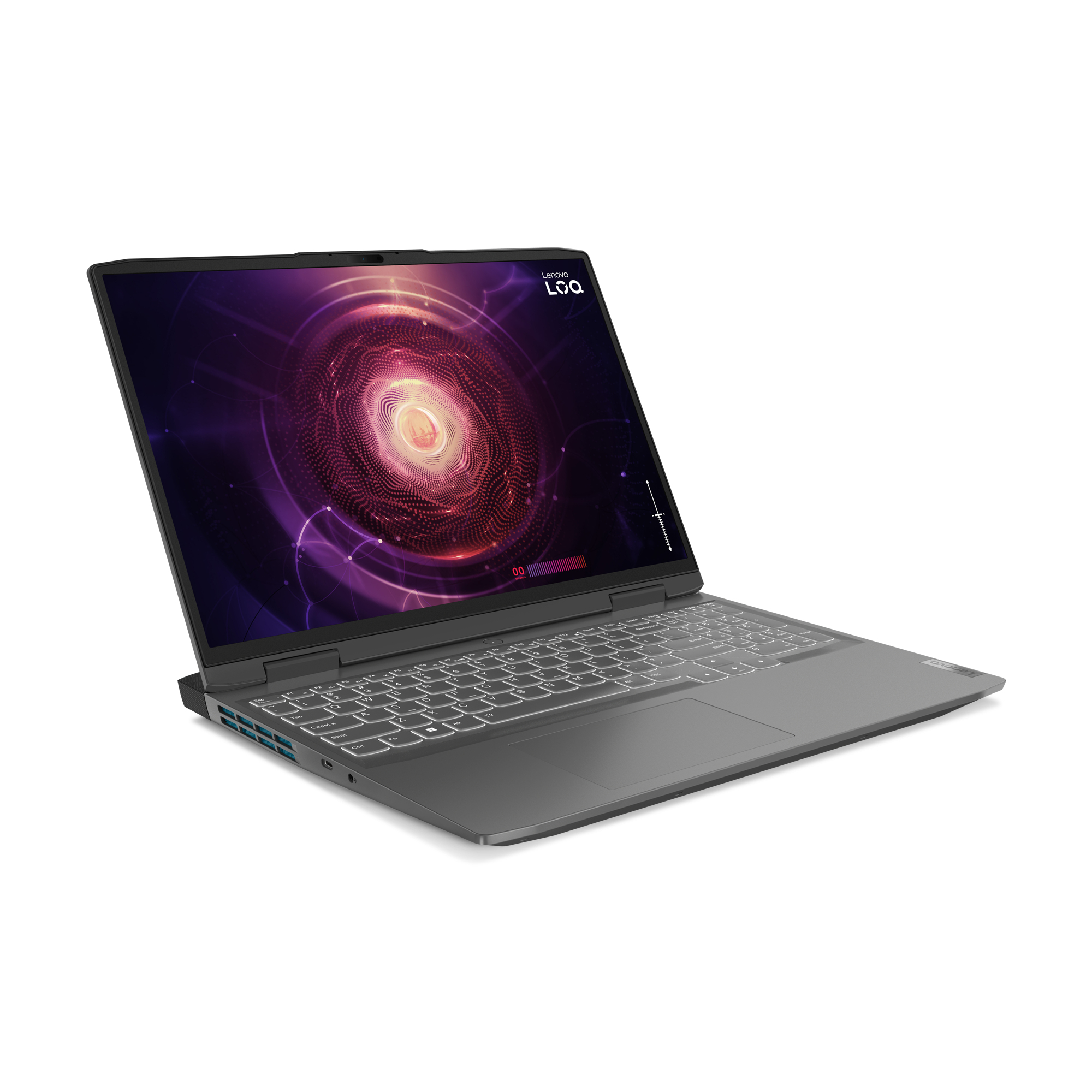 Ein Laptop mit geöffnetem Bildschirm, der eine farbenfrohe Grafik zeigt, auf weißem Hintergrund.