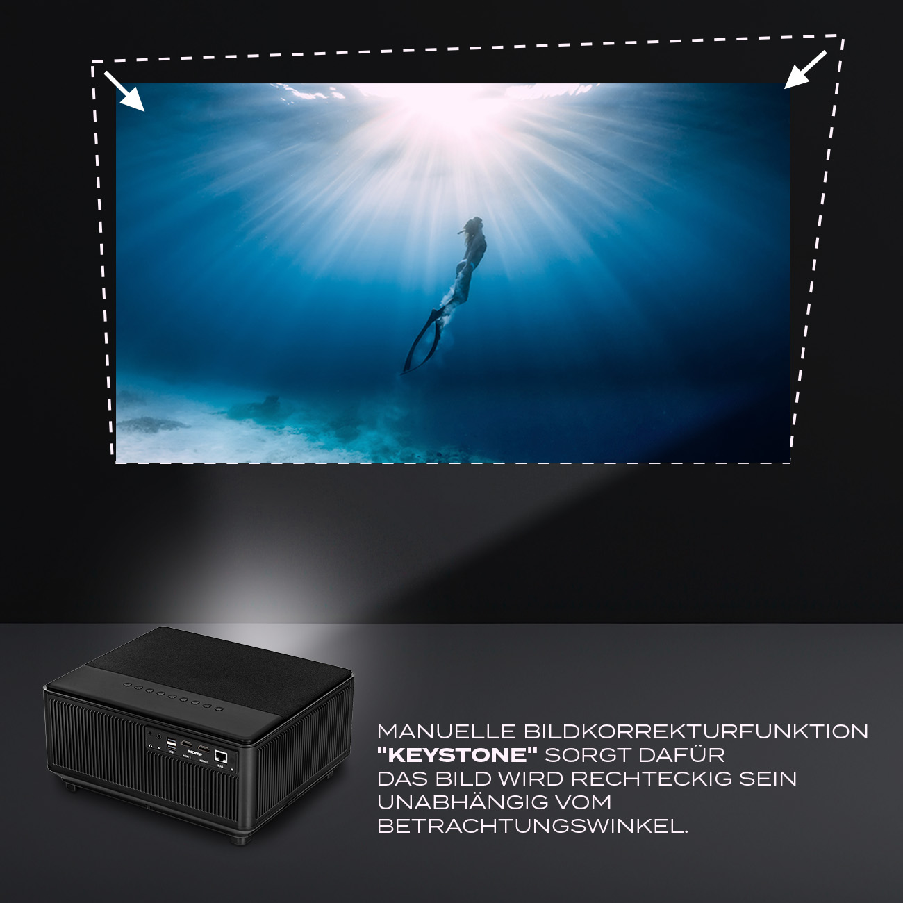 Rzutowany obraz nurka w oceanie i czarny projektor.