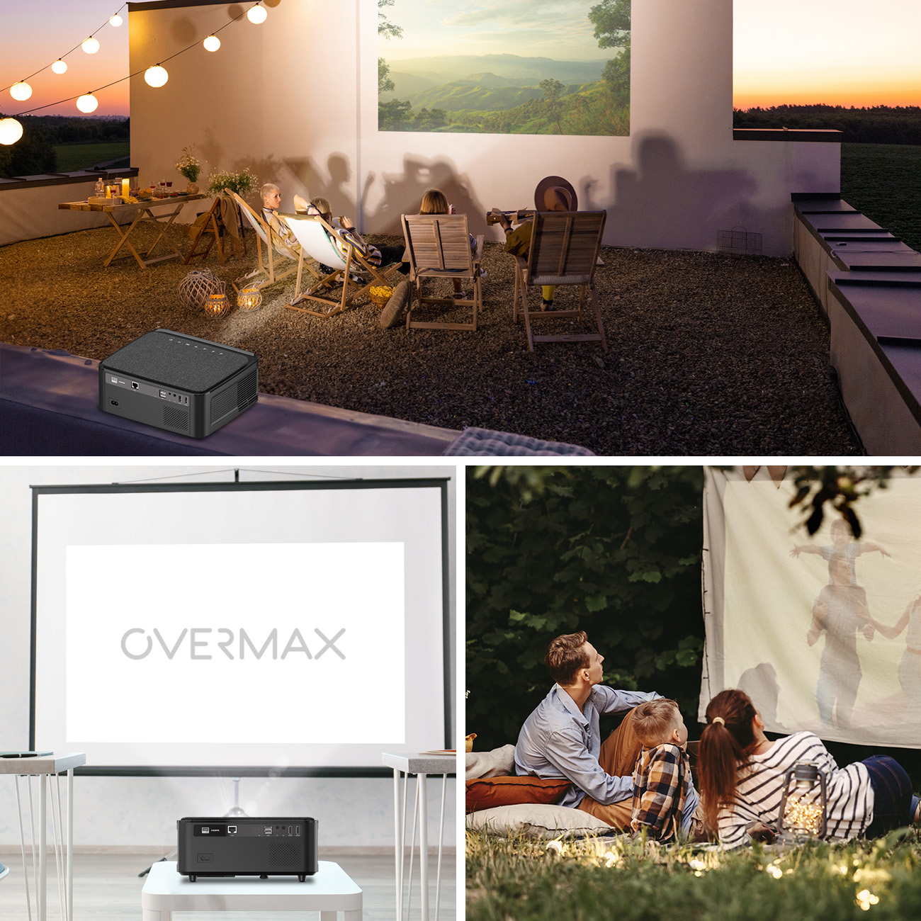 Outdoor-Heimkino-Setup mit Projektor, Leinwand und Zuschauern, die einen Film ansehen.