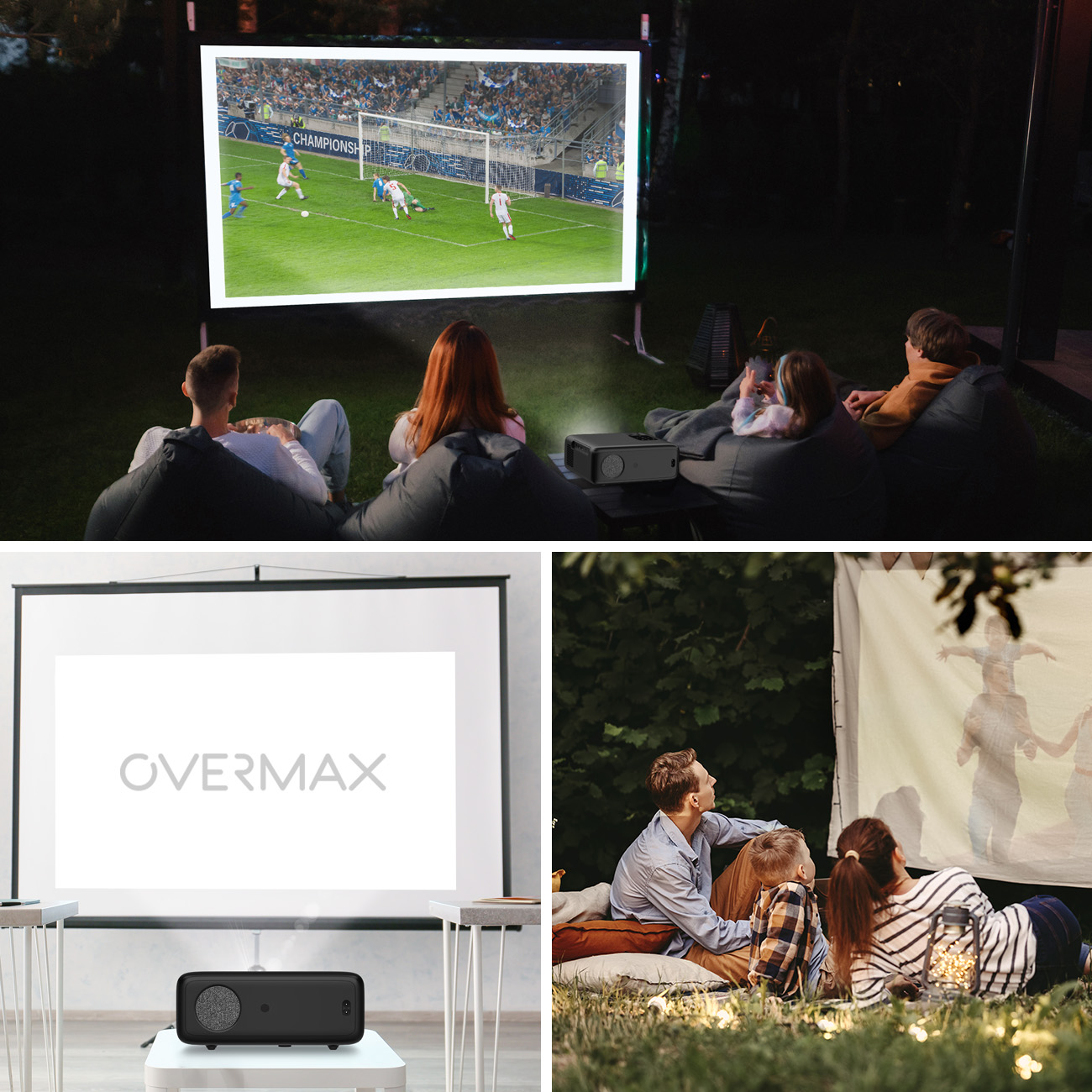 Outdoor-Filmabend-Szene mit Projektor, Leinwand und Personen, die auf Sitzsäcken sitzen und Film schauen.