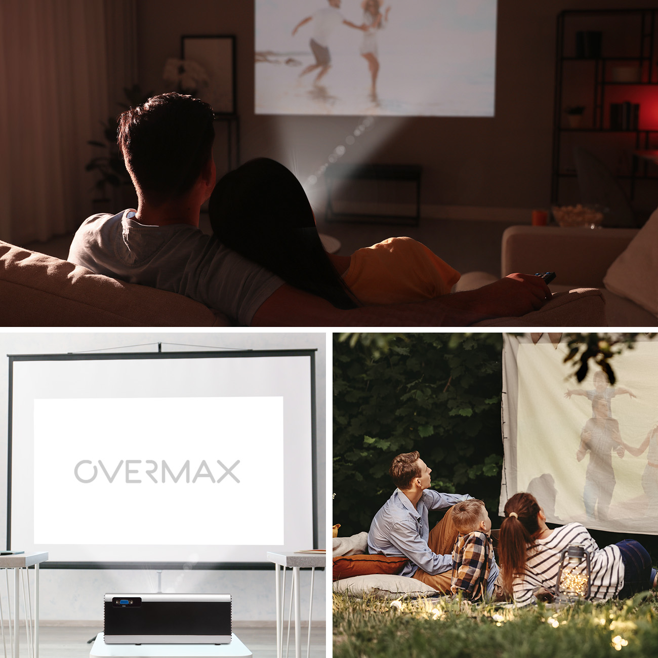 Drei Bilder, die eine Familie beim Ansehen eines Films zeigen, der in verschiedenen Umgebungen auf eine Leinwand projiziert wird.