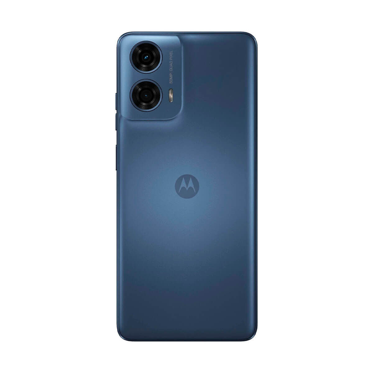 Parte trasera de un teléfono Motorola azul con dos cámaras y un logotipo. El teléfono tiene un diseño elegante.