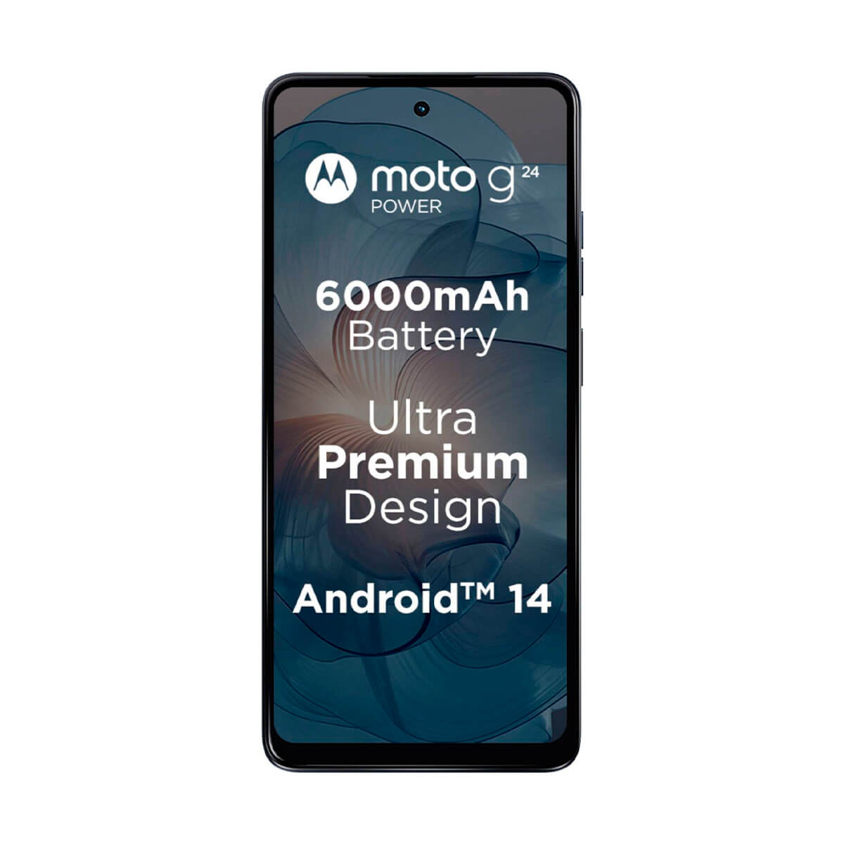 Smartphone con una pantalla que muestra información. El teléfono es negro con texto blanco.