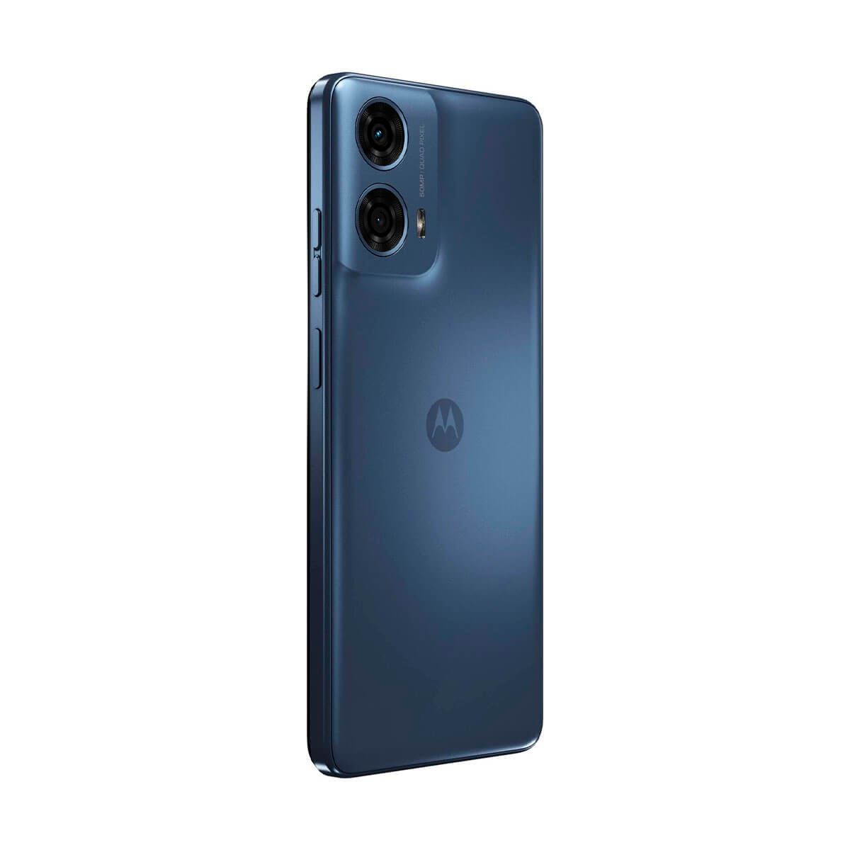 Un smartphone azul con cámaras traseras dobles y el logotipo de Motorola. El teléfono es vertical.
