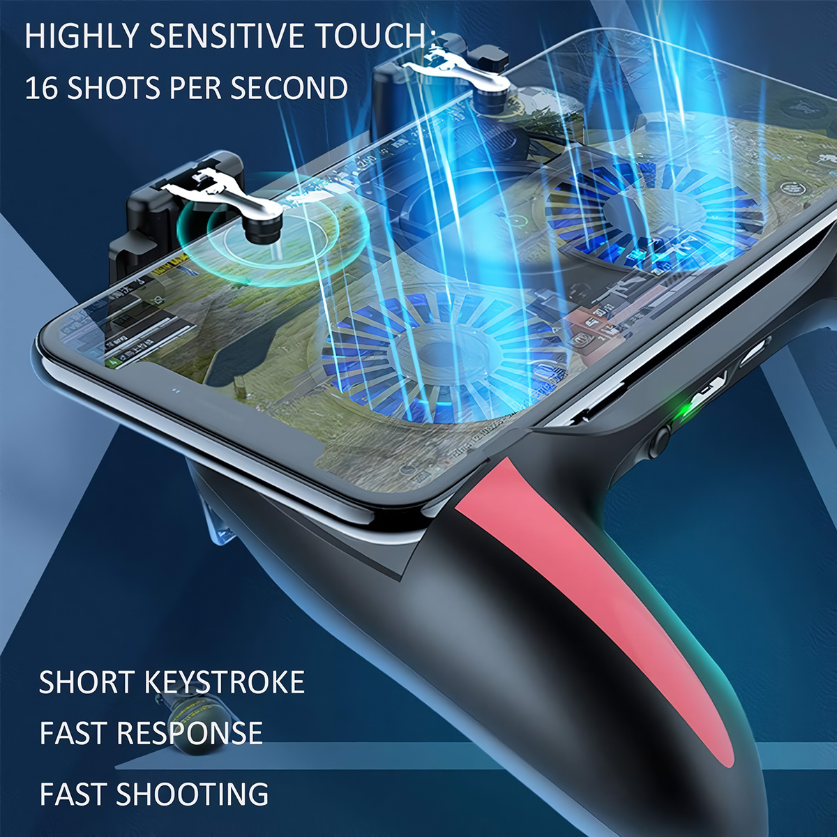 Un teléfono para juegos con gatillos y ventiladores de refrigeración adjuntos, con texto que indica funciones y rendimiento.