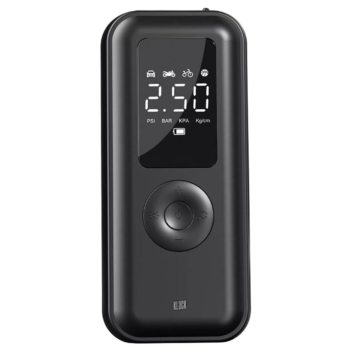 Inflador de neumáticos negro con pantalla digital mostrando la presión.