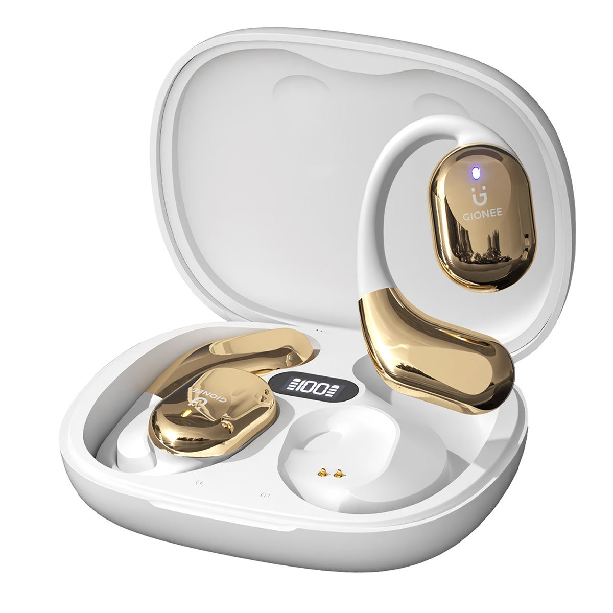 Auriculares inalámbricos blancos y dorados en un estuche de carga.