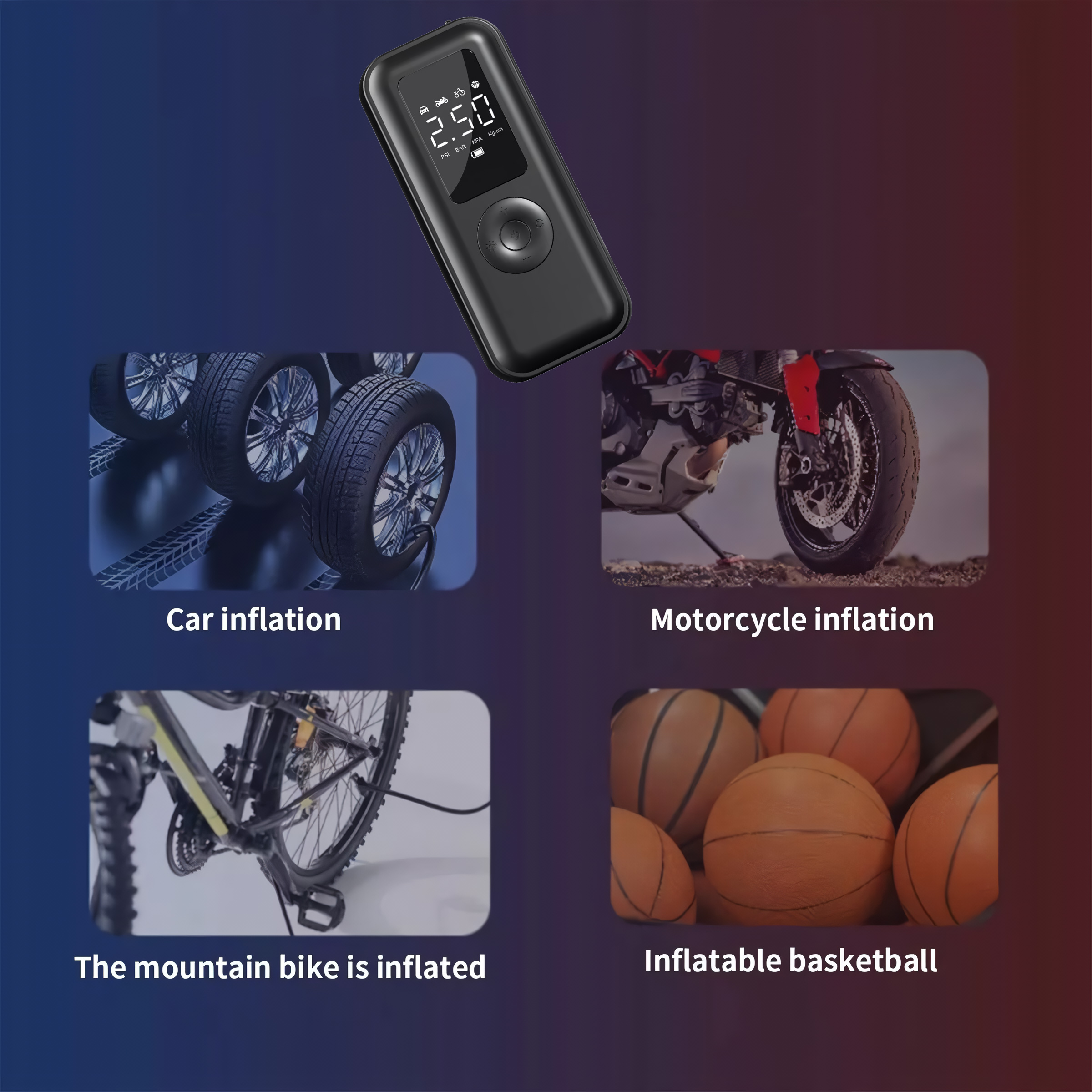 Una imagen muestra un inflador de neumáticos negro e iconos de inflado de automóviles, motocicletas, bicicletas de montaña y balones de baloncesto.