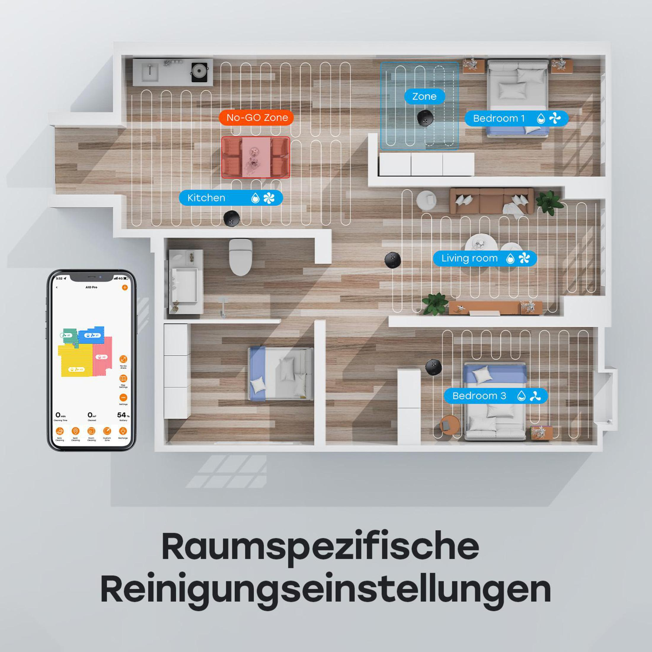 Grundriss mit Roboterstaubsauger und Smartphone-Oberfläche.