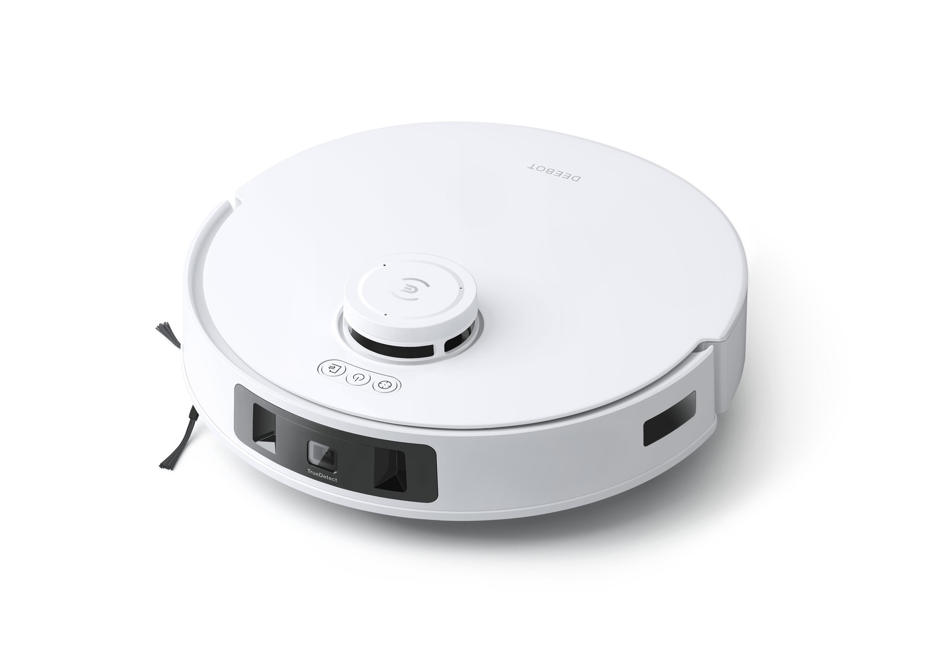 Weißer Roboter-Staubsauger auf weißem Hintergrund.