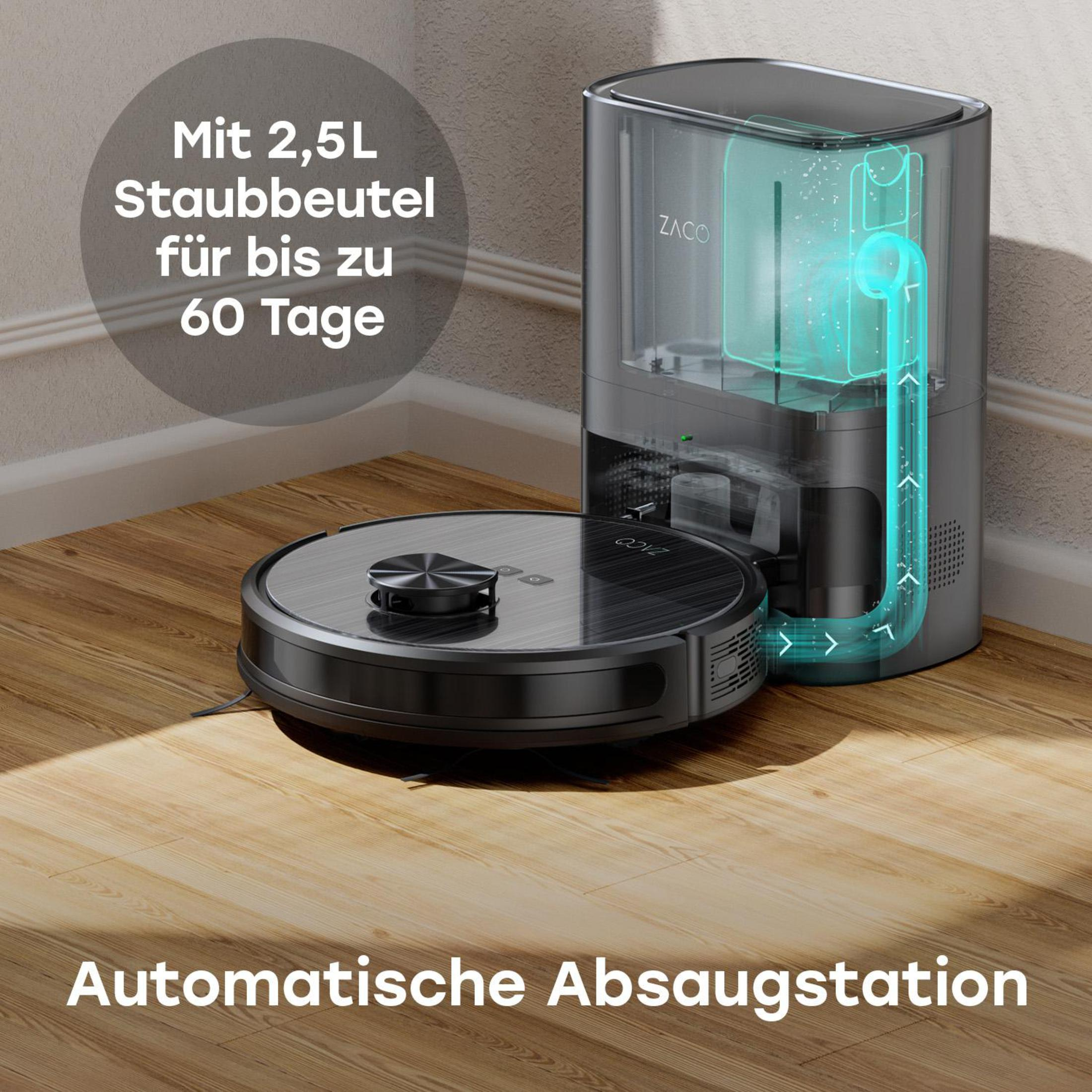 Roboter-Staubsauger mit schwarzer Basis und Ladestation. Text auf Deutsch.