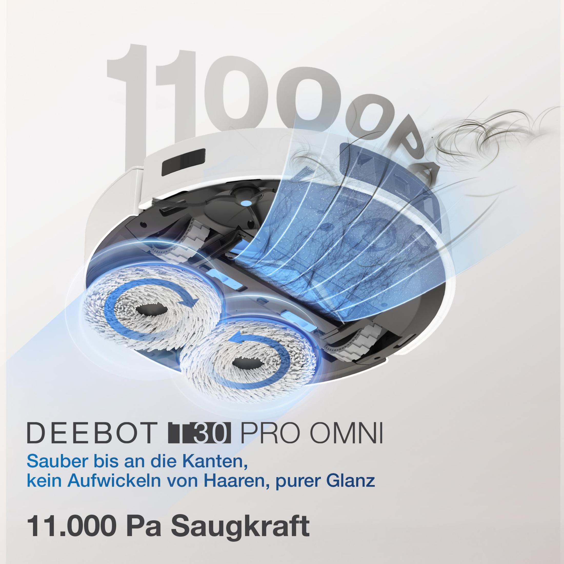 Roboter-Staubsauger in Weiß mit blauen Reinigungsteilen. Weißer Hintergrund.