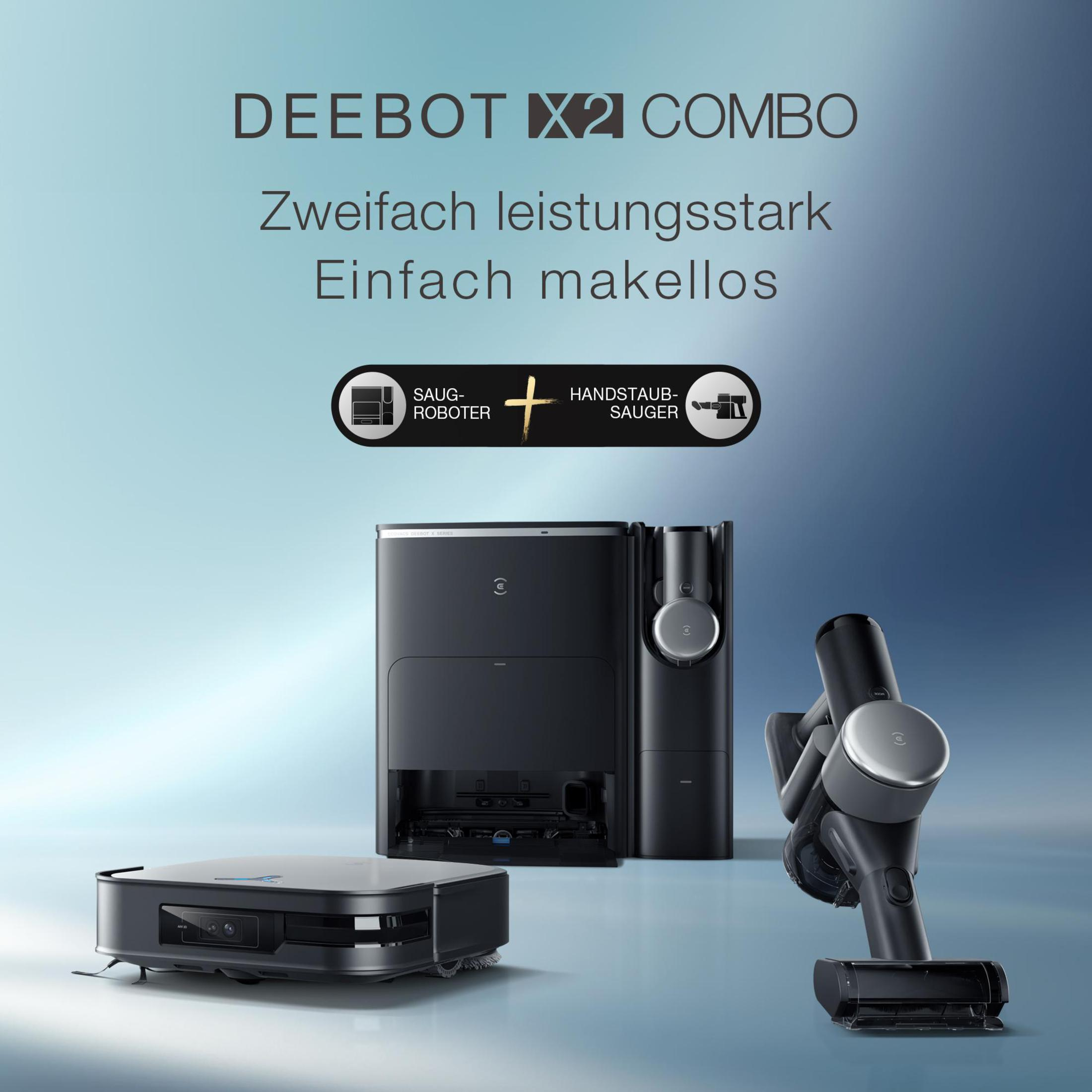 Czarny odkurzacz robot i odkurzacz ręczny w zestawie z tekstem. Białe i niebieskie tło.