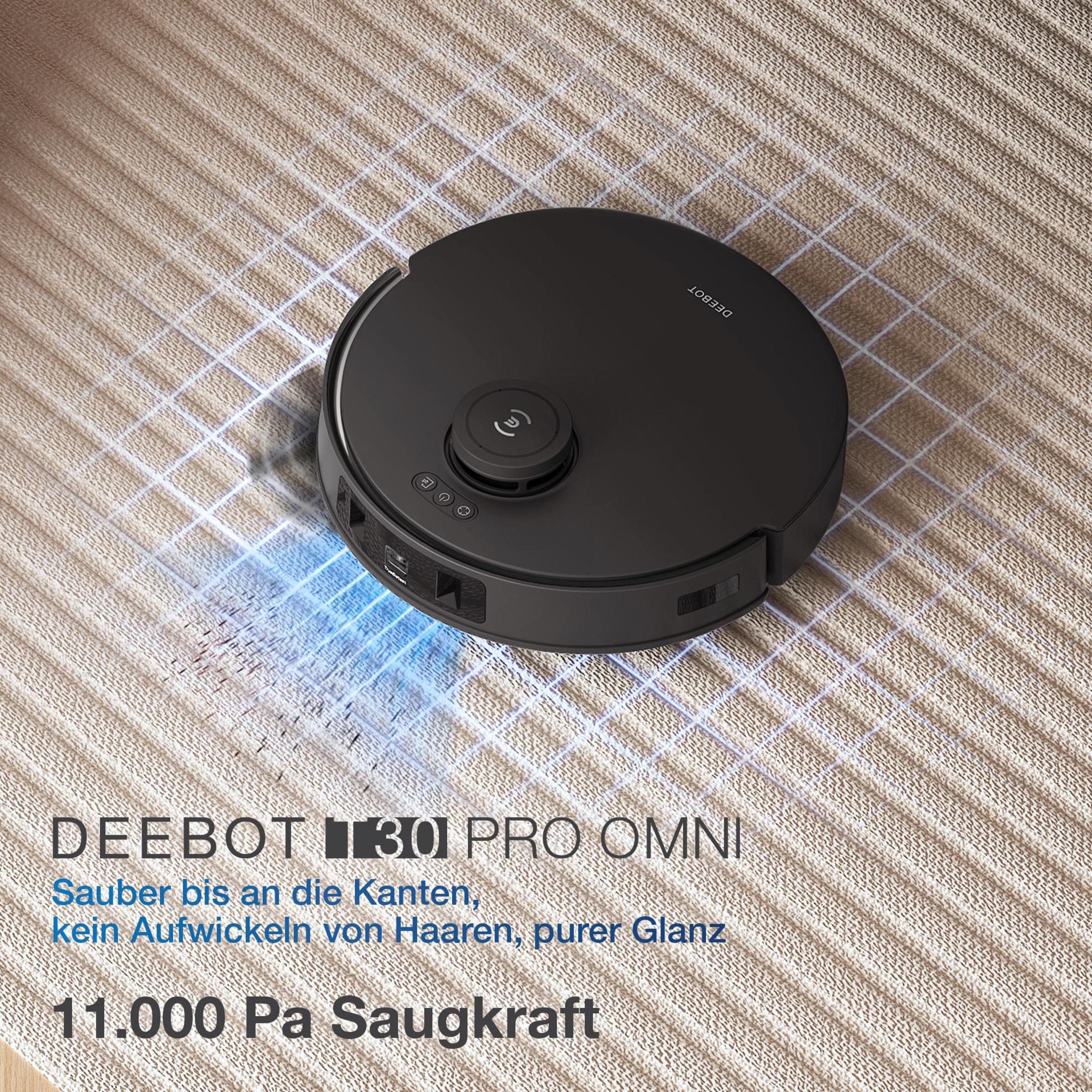 Schwarzer Roboter-Staubsauger auf beigem Teppich, Markenname und Spezifikationen sichtbar.