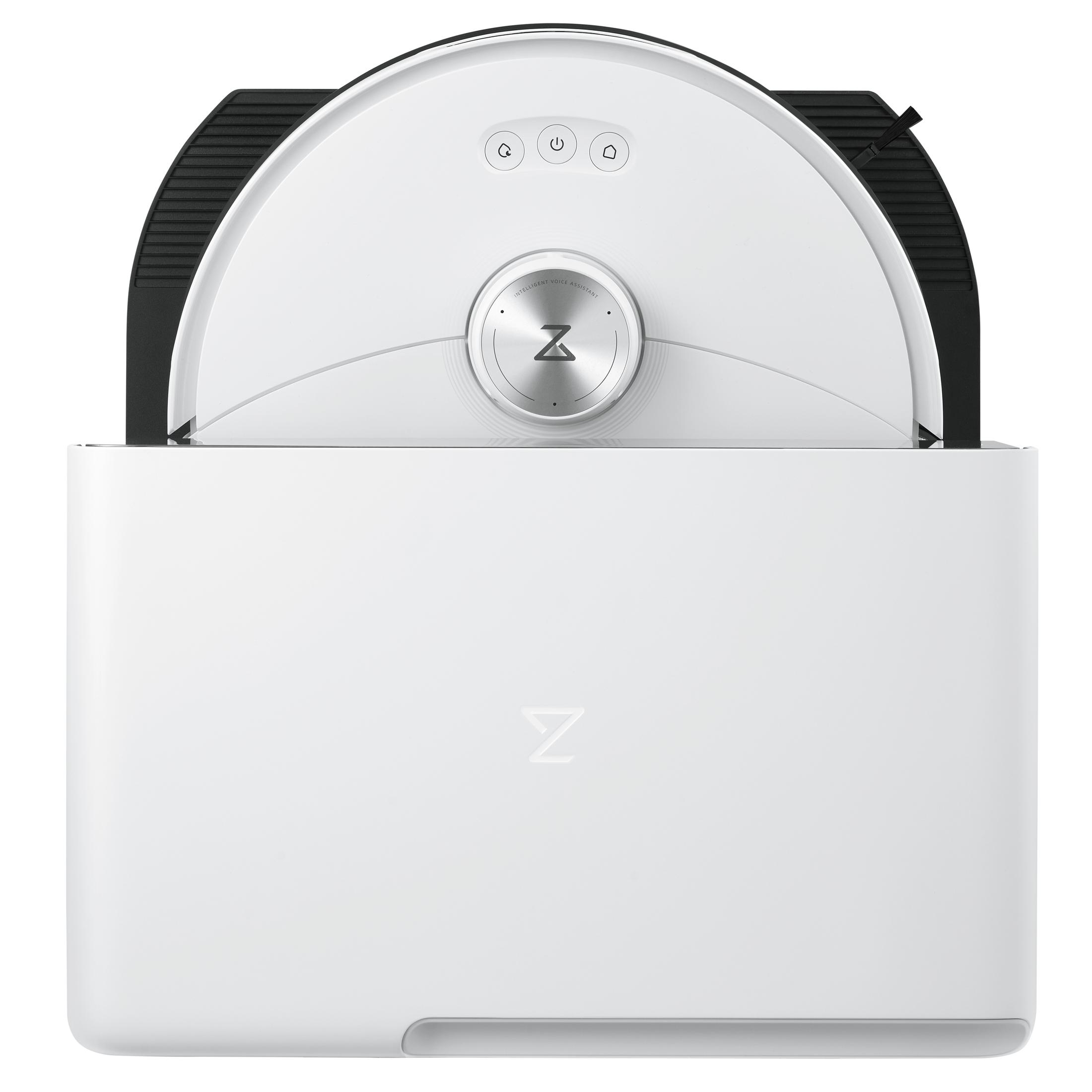 Biały odkurzacz automatyczny ze stacją ładującą.