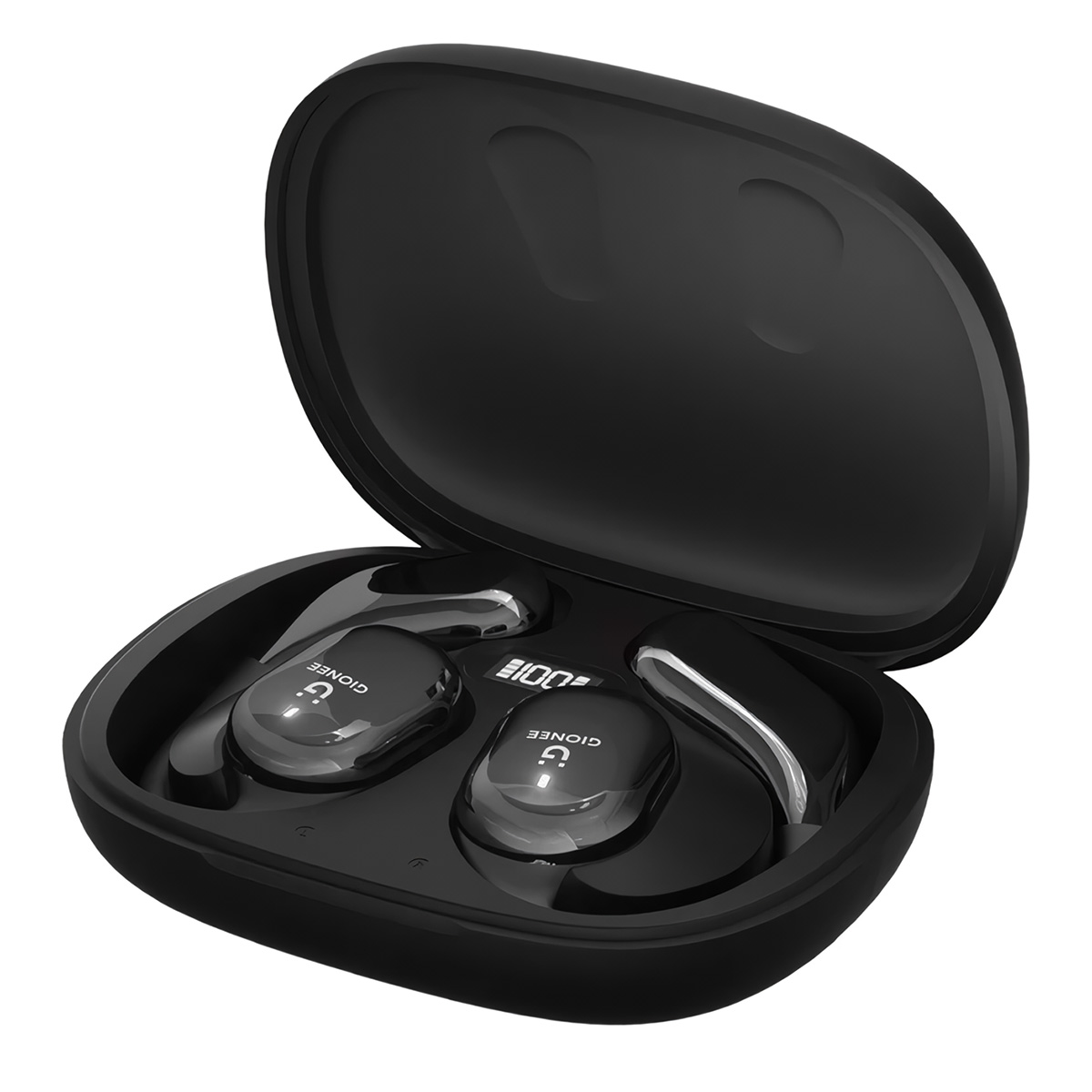 Auriculares inalámbricos Gionee negros en su estuche de carga abierto, mostrando auriculares y estuche.
