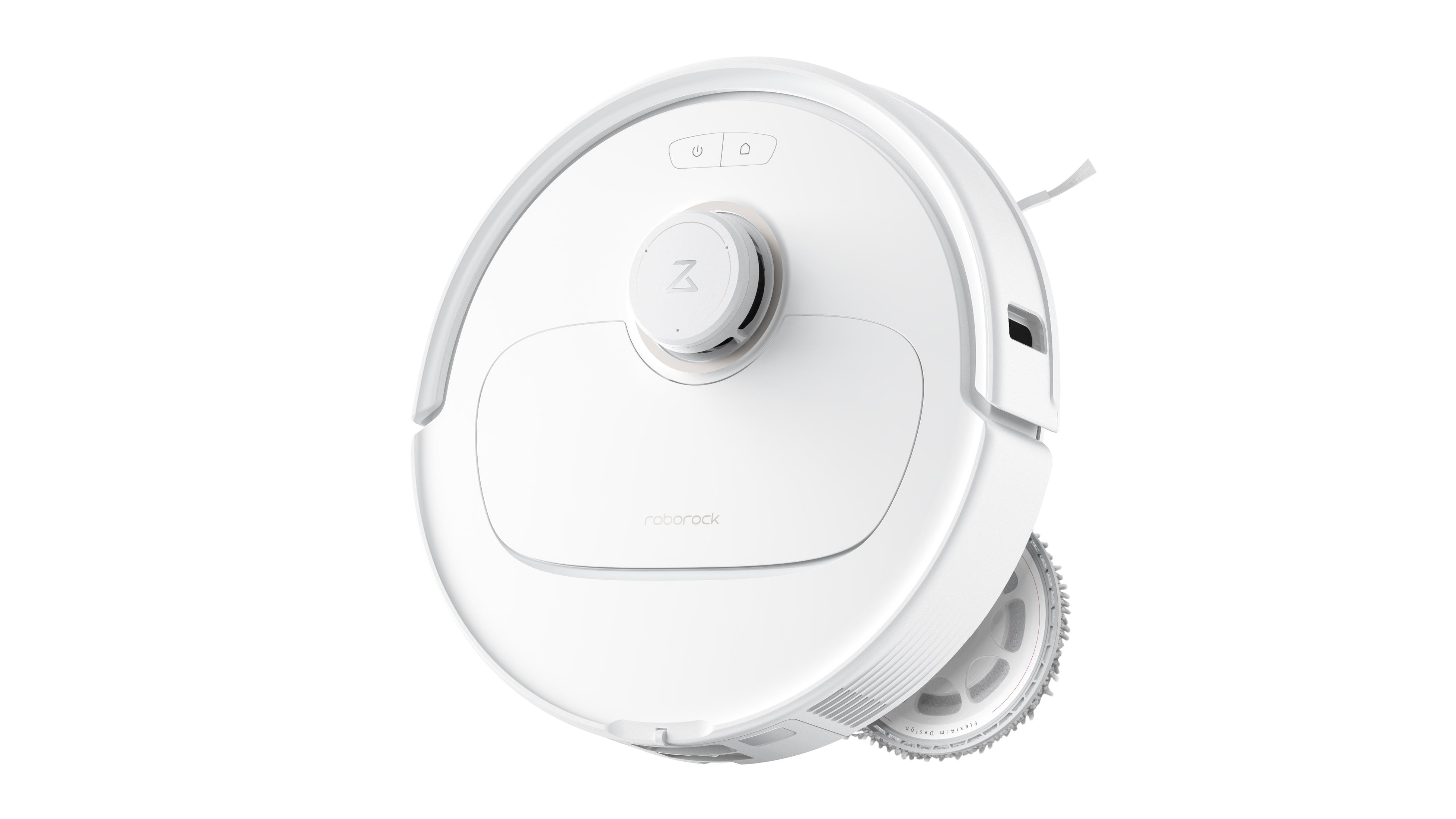 Biały odkurzacz robot z centralnym czujnikiem, szczotką i kołem. Białe tło.