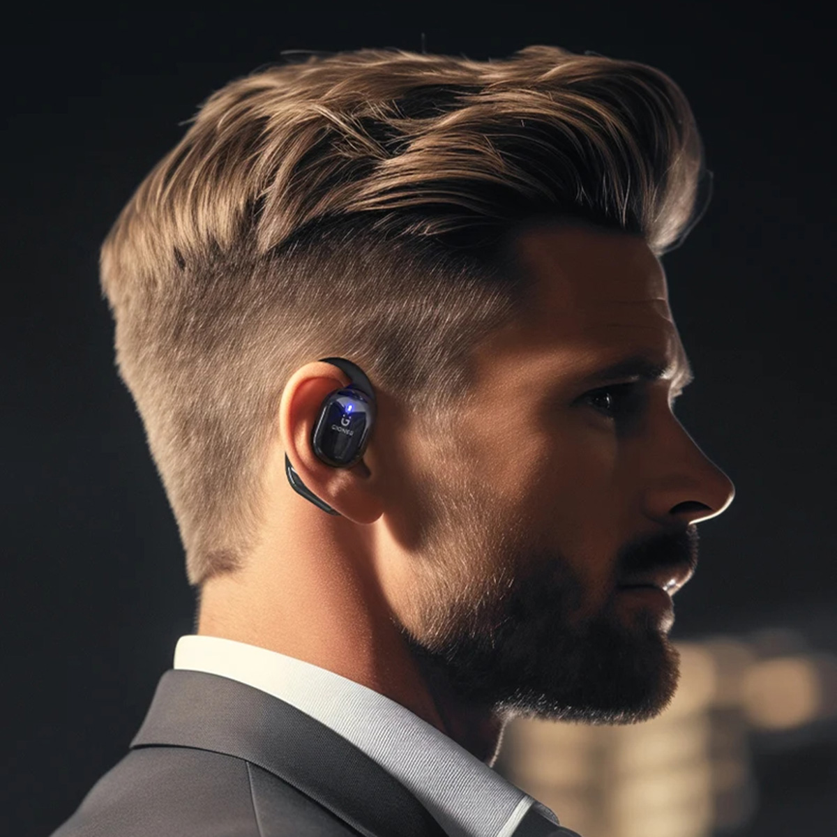 Un hombre con traje tiene un auricular negro en la oreja.