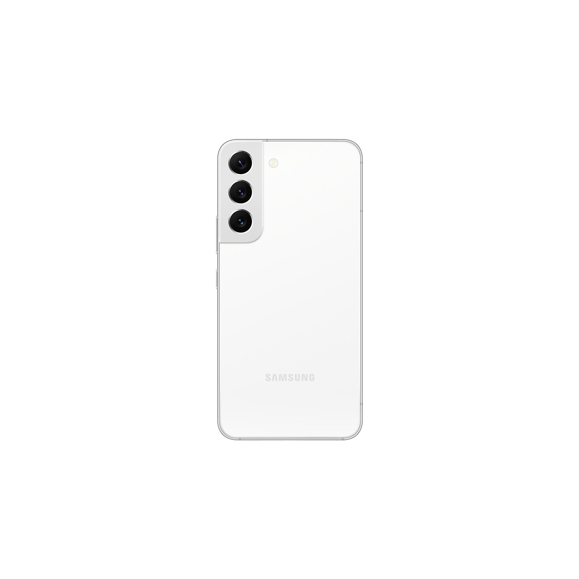 Smartphone Samsung blanco, sistema triple cámara, diseño simple.
