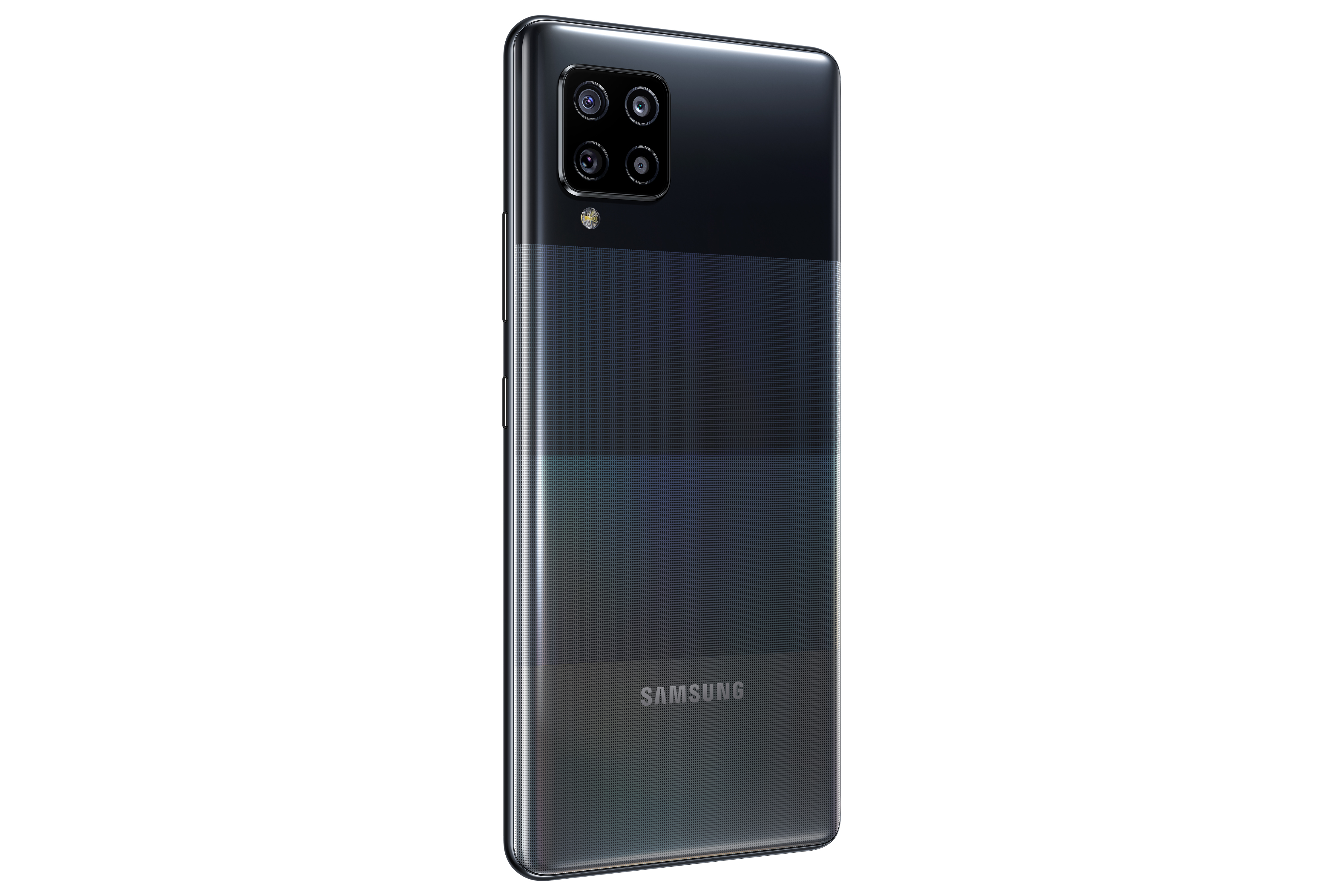 Schwarzes Samsung-Handy mit mehreren Kameras auf der Rückseite, auf weißem Hintergrund.