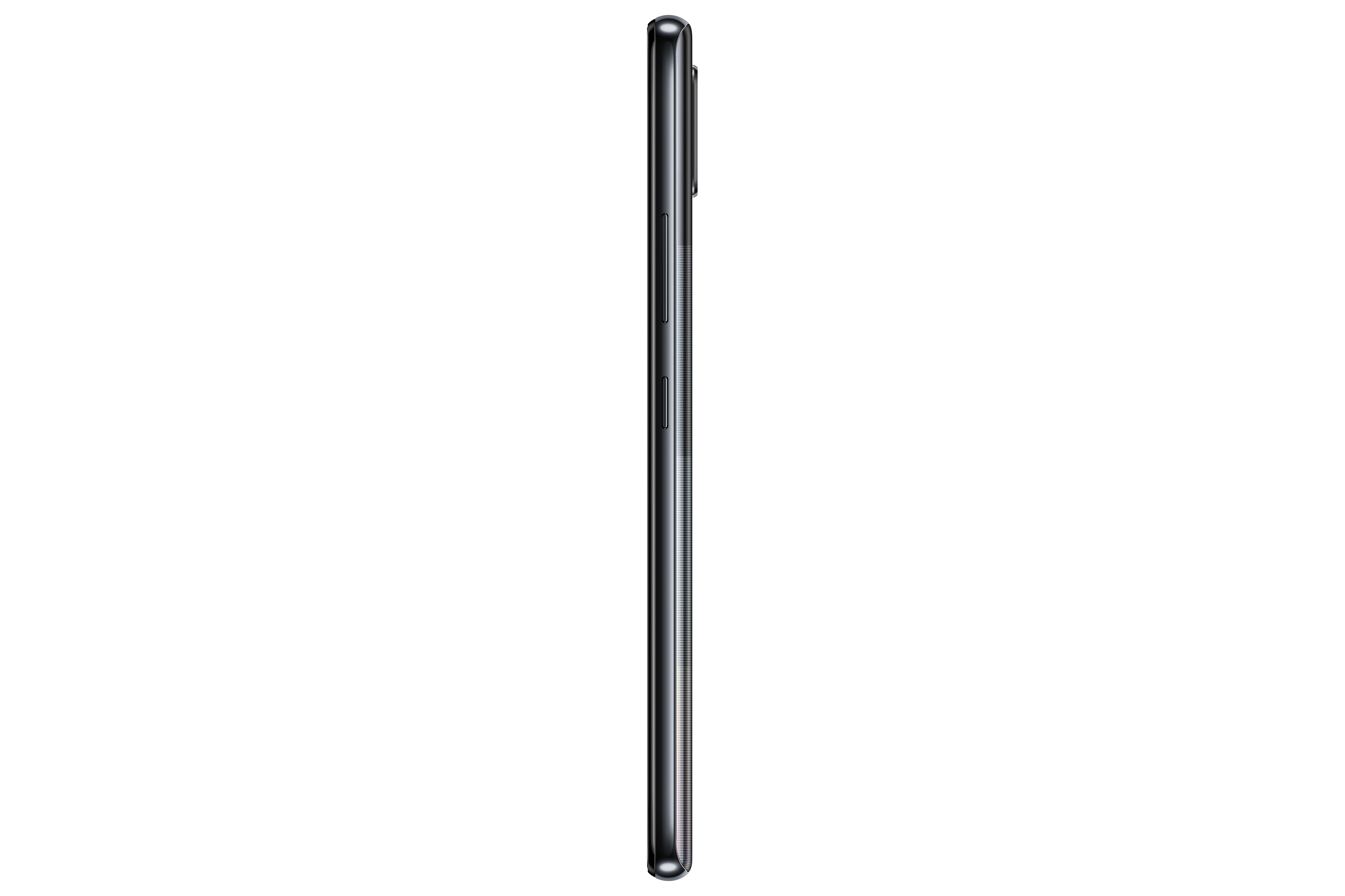 Schwarzes Smartphone von der Seite. Das Telefon ist schlank und hat eine lange, rechteckige Form. Weißer Hintergrund.
