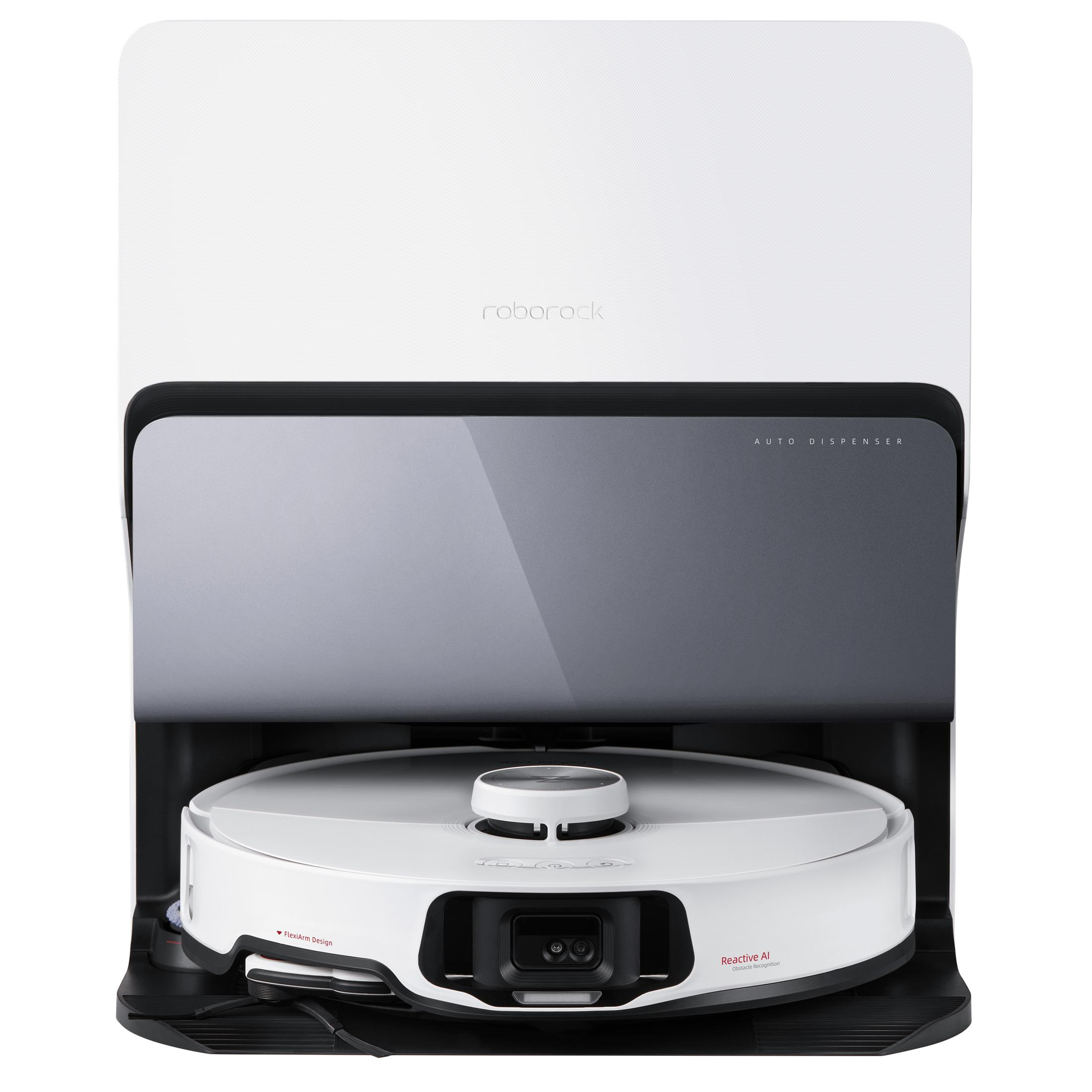 Robot sprzątający w stacji ładującej, z automatycznym dozowaniem, biały design.