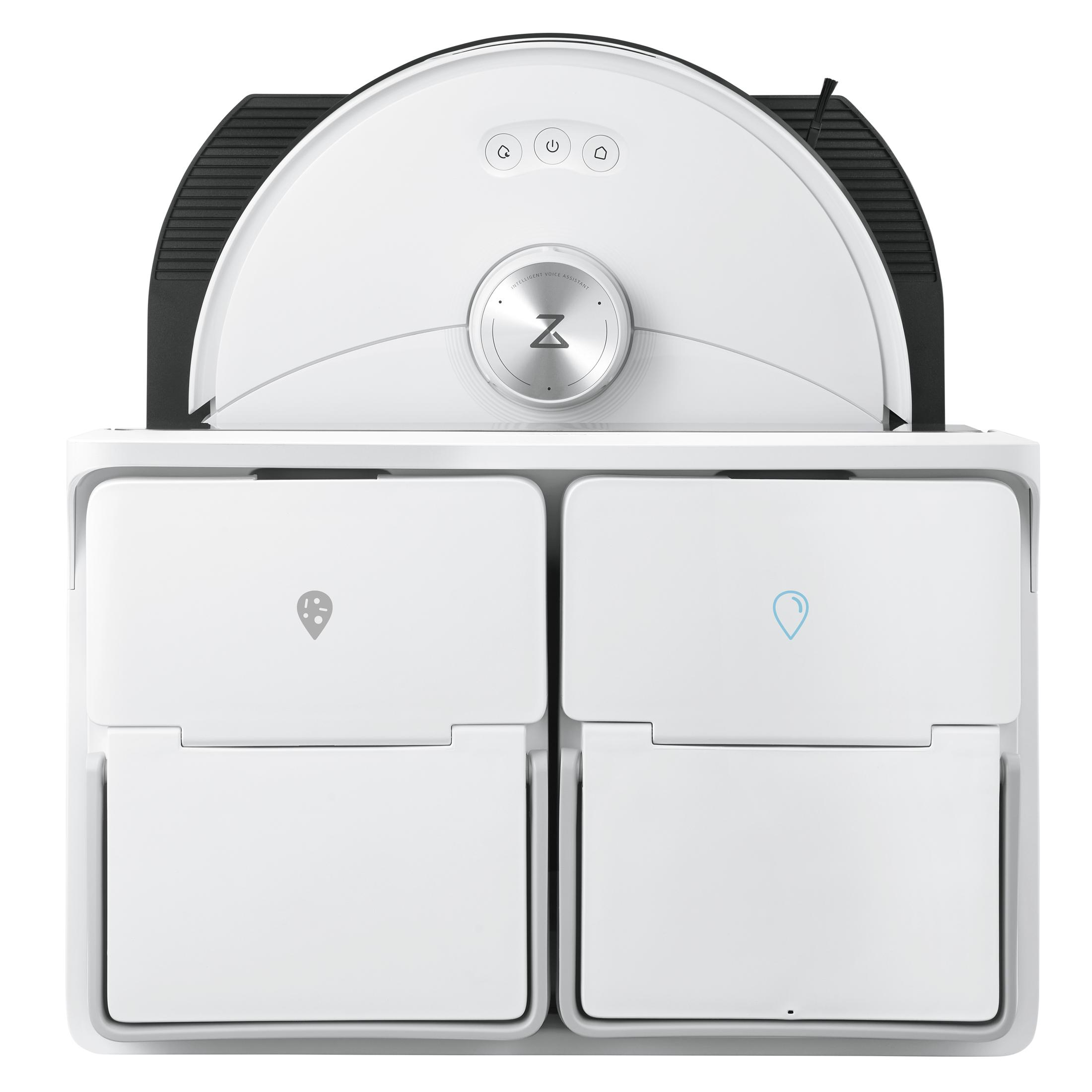 Biały odkurzacz automatyczny i jego stacja dokująca, z niebieskim logo.