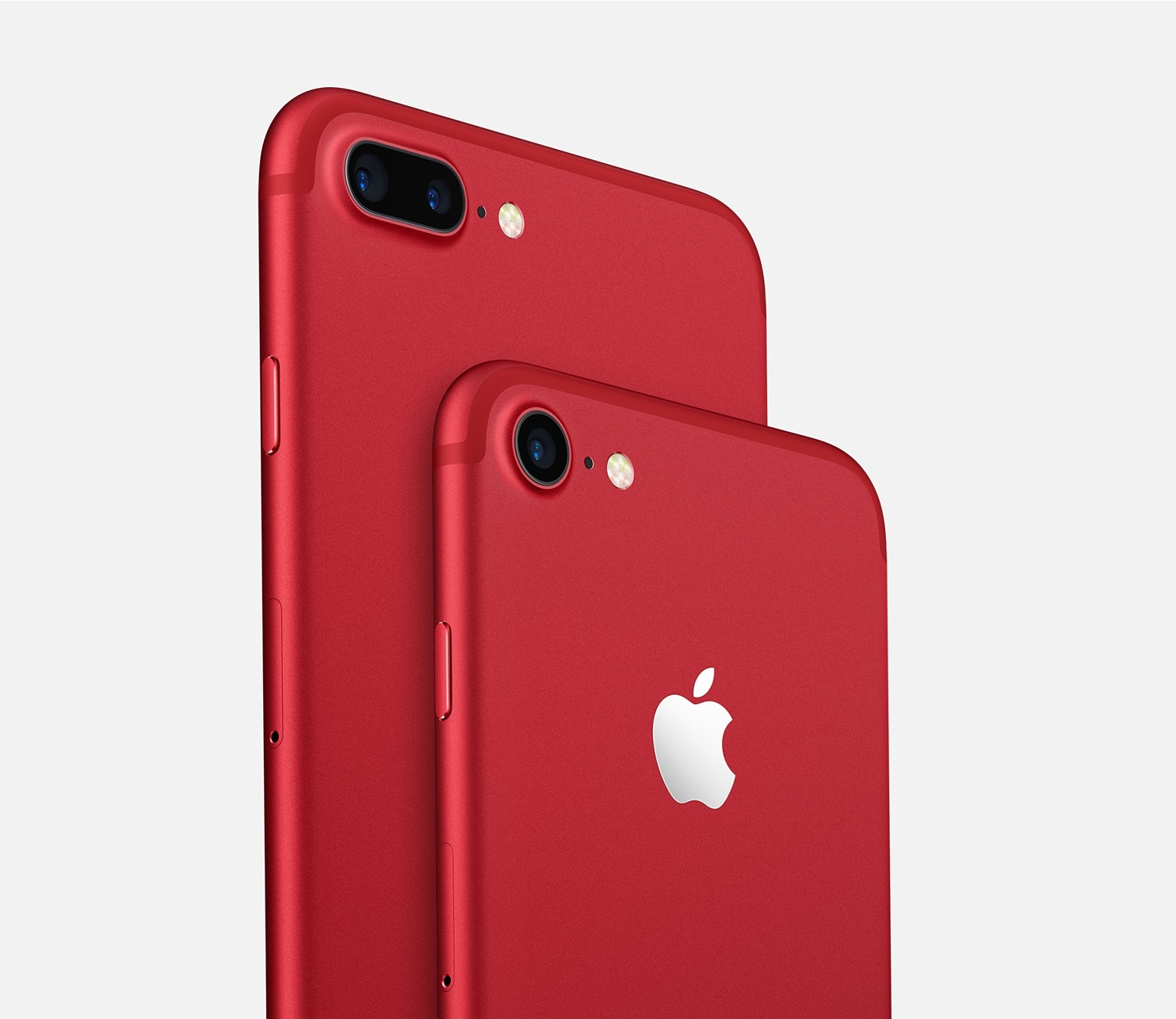 Zwei rote iPhones, eines vorne, zeigen ihr Rücken- und Kameradesign.