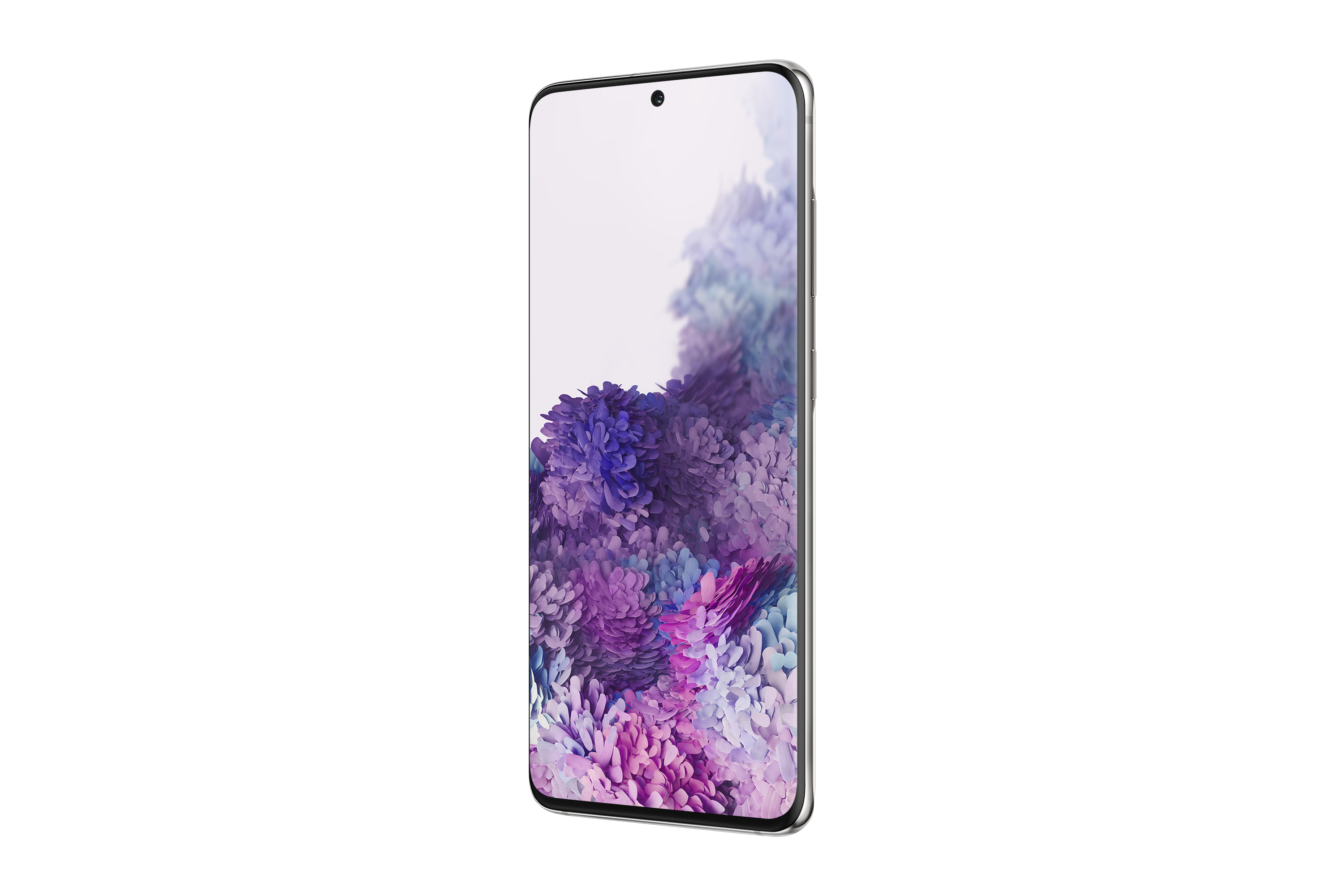 Telefoon met bloemenachtergrond. Telefoon met een witte rand en een paarse bloemenweergave.